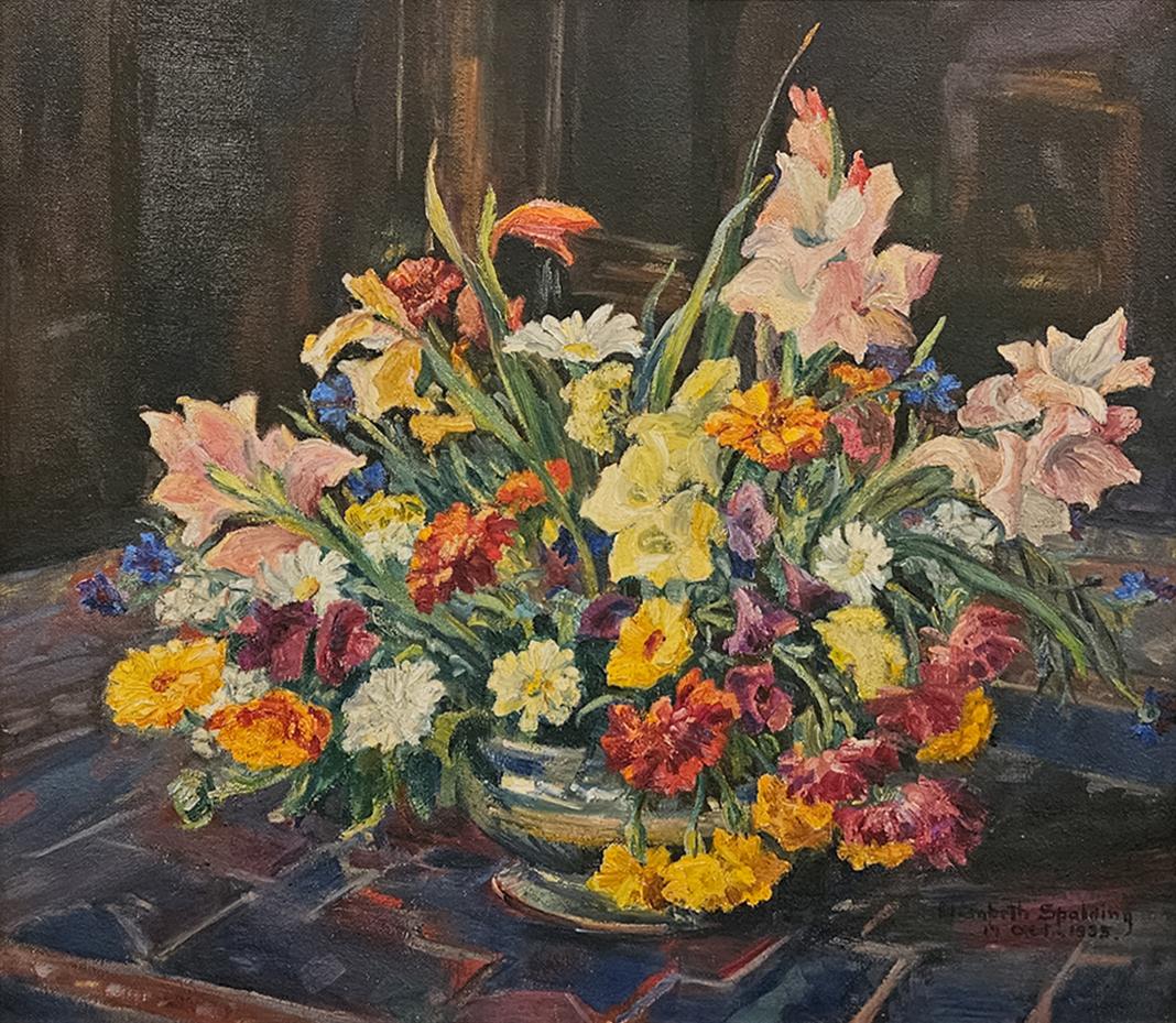 “From Carla’s Garden – Just Before Frost” is an original vintage painting by American artist Elisabeth Spalding, created in 1938 at the height of her career as a prominent Colorado modernist. This beautifully rendered still life depicts a lush vase