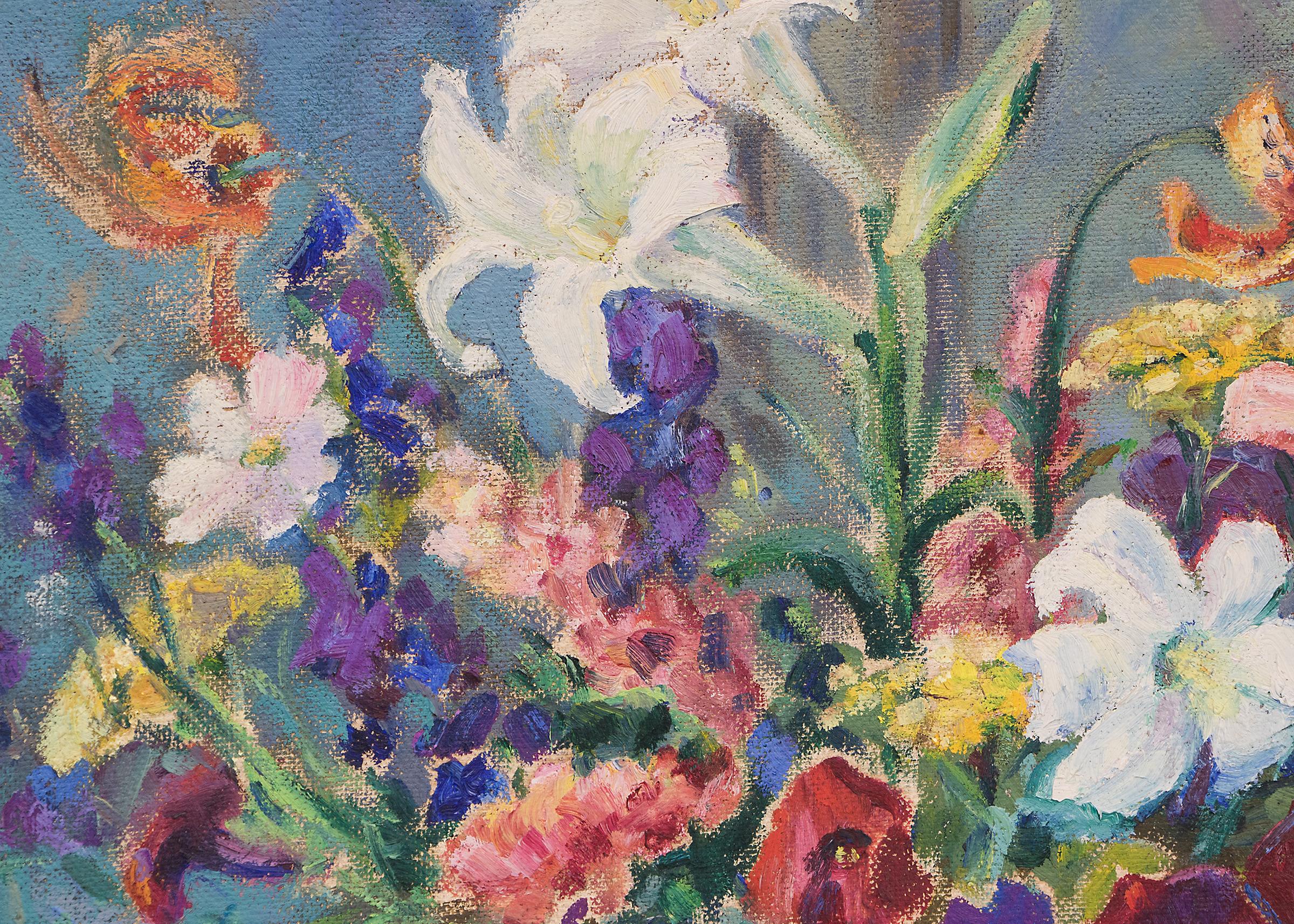 Original signed vintage 1935 still life oil painting by early Denver, Colorado woman artist, Elisabeth Spalding (1868-1954).  This still life interior scene depicts a vase of flowers in white, yellow, red, purple, yellow and orange against a blue