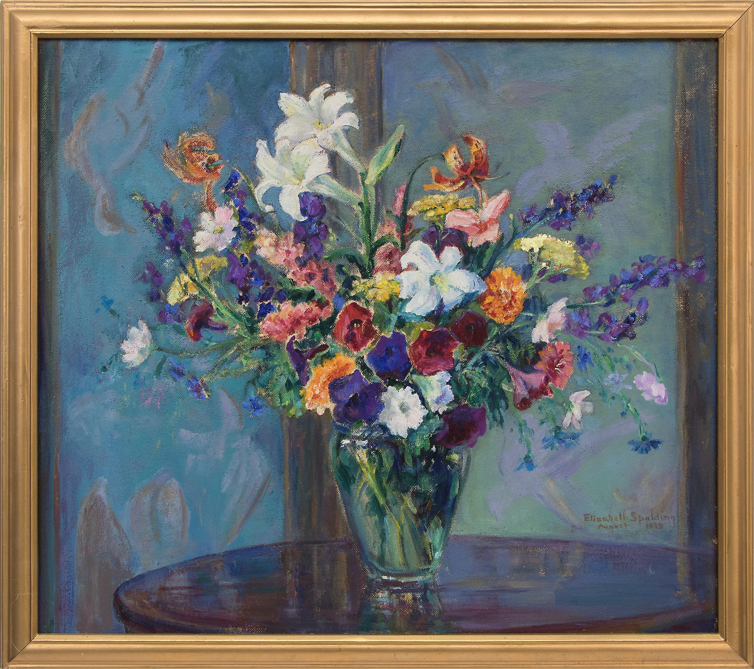 Elisabeth Spalding Interior Painting - Untitled (Vintage Painting, Still Life with Colorful Flowers, Blue Background )