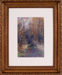 Antique Early 20th Century Original German Impressionist Painting of Forest Interior
