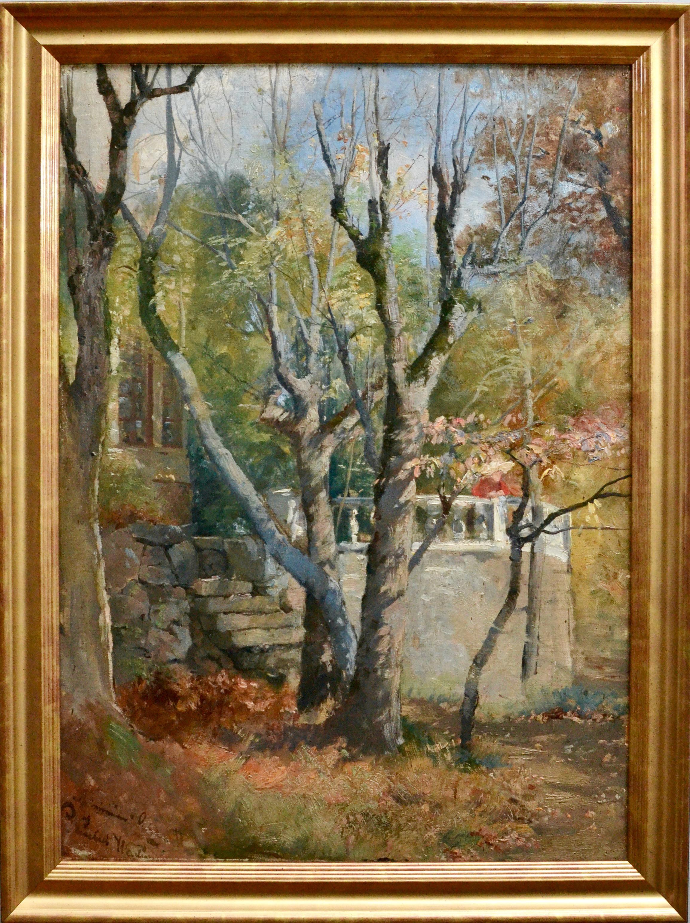 Ambiance d
automne dans le jardin - Huile sur toile du 19e siècle