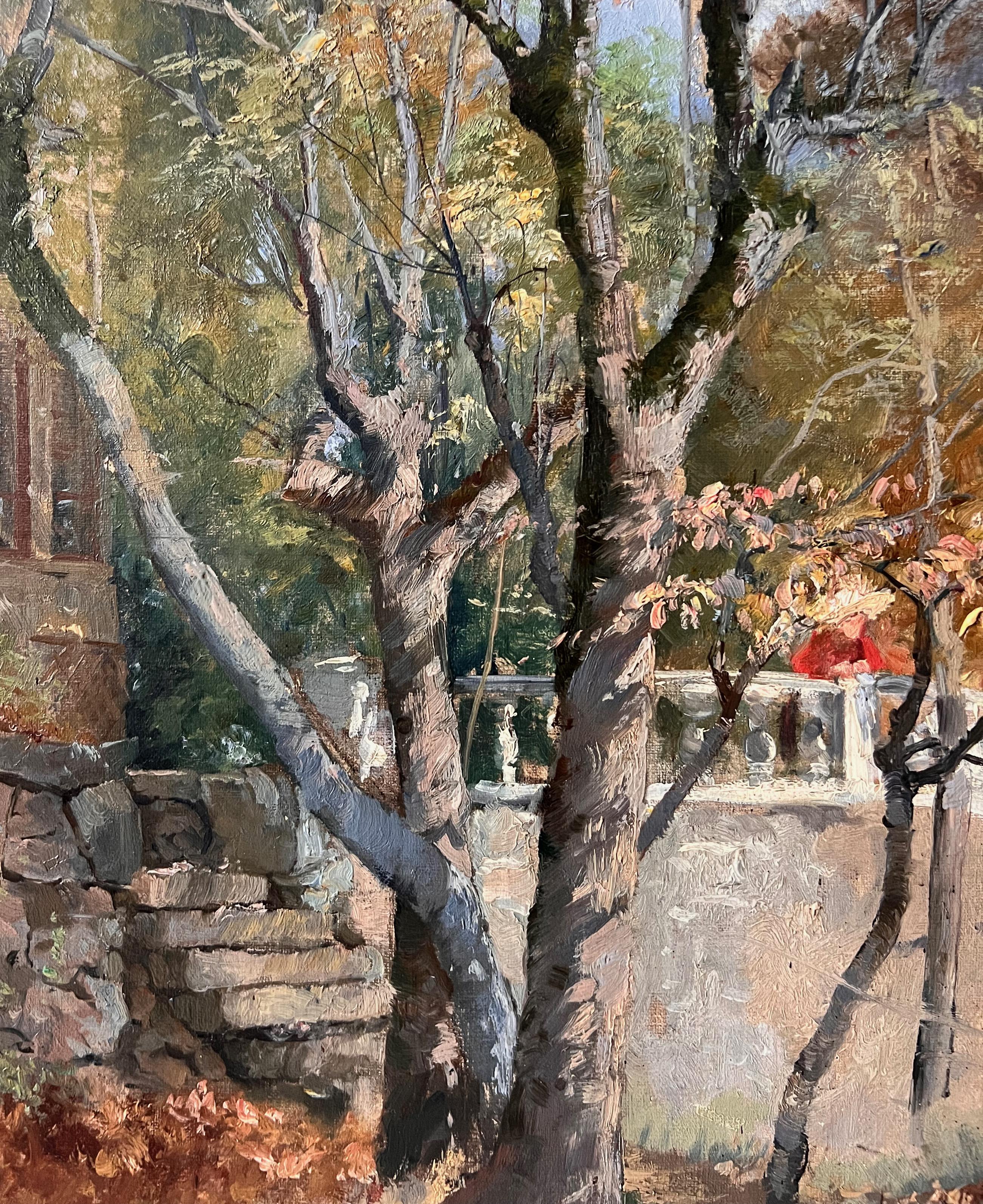 Herbststimmung im Garten - 19. Jahrhundert Öl auf Leinwand (Schwarz), Landscape Painting, von Elisabeth Warling