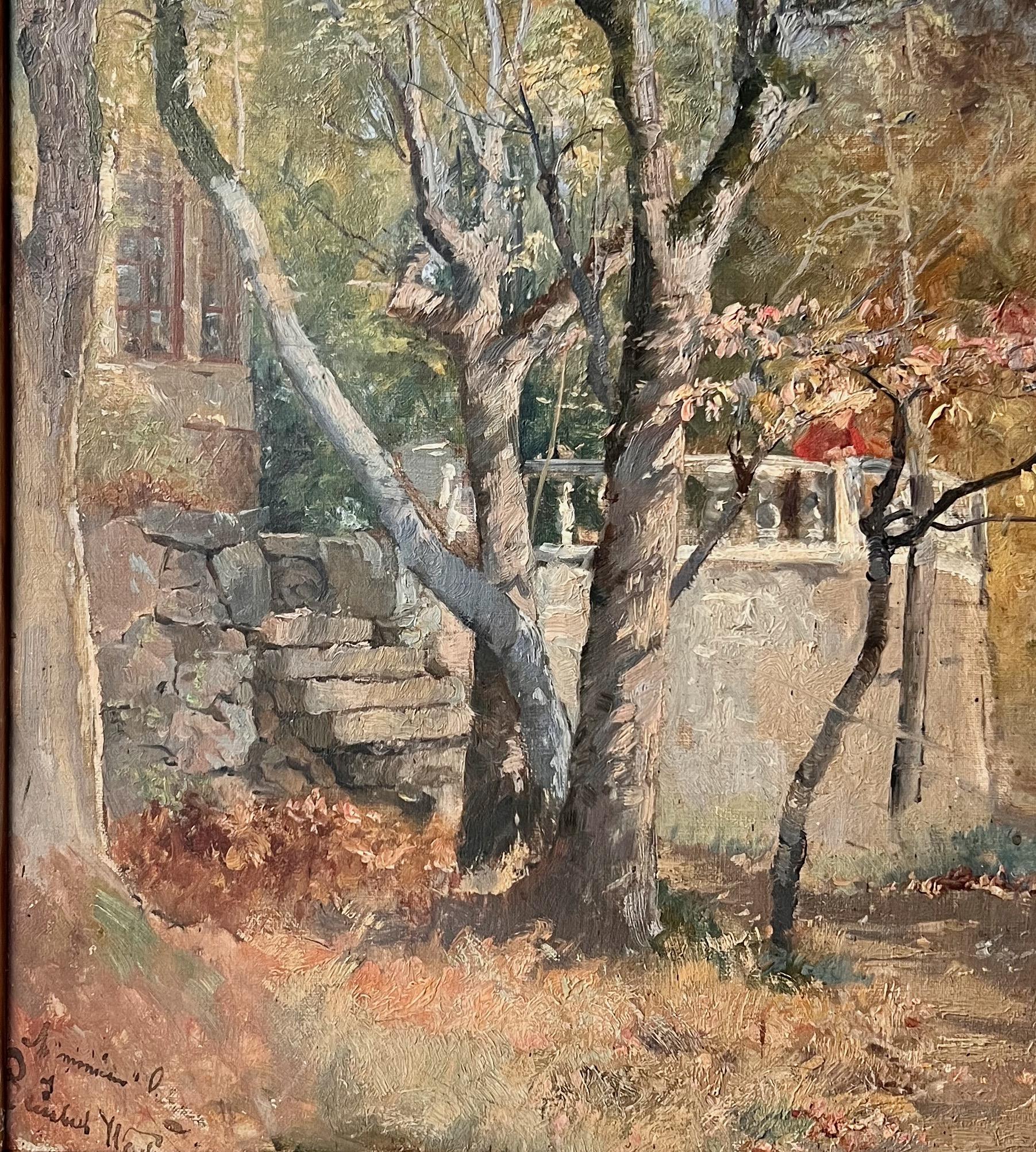 The present painting, Autumn mood in the garden by the female artist Elisabeth Warling (1858–1915) is a fine example of her impressionistic works. Signed 