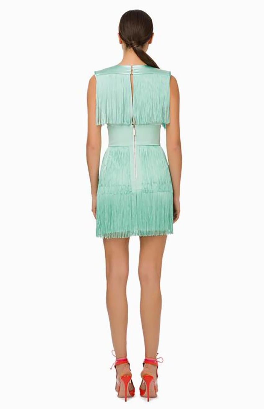 ELISABETTA FRANCHI AQUA GREEN FRINGED COCTAIL DRESS Sz IT 40 In New Condition In Montgomery, TX
