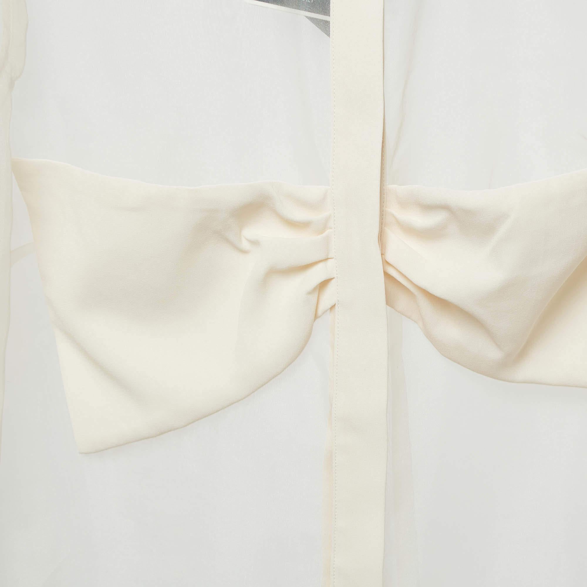 Elisabetta Franchi Beige Bow Detail Organza Sheer Shirt M In New Condition For Sale In Dubai, Al Qouz 2
