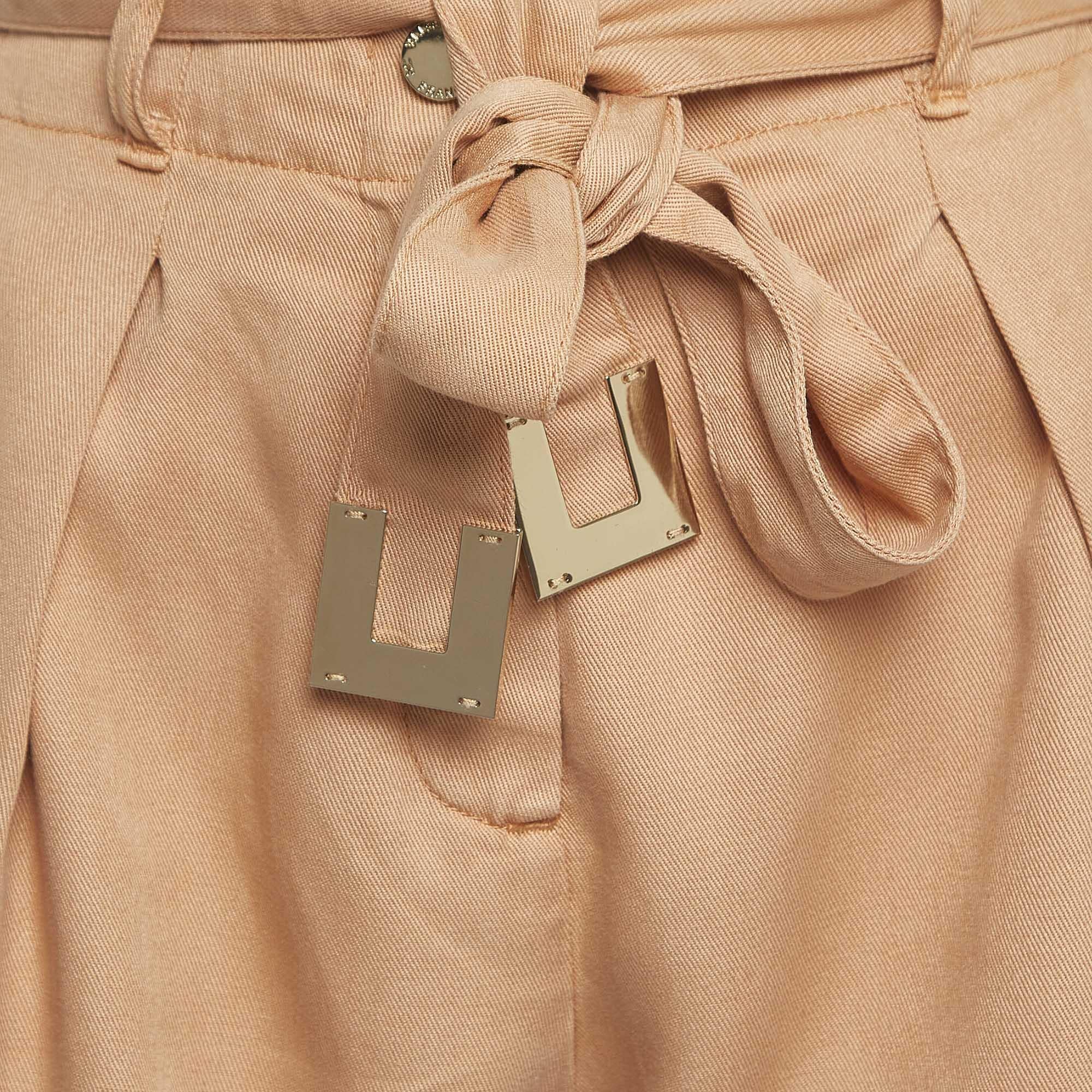 Elisabetta Franchi Beige Denim Belted Loose Fit Shorts S In Good Condition In Dubai, Al Qouz 2