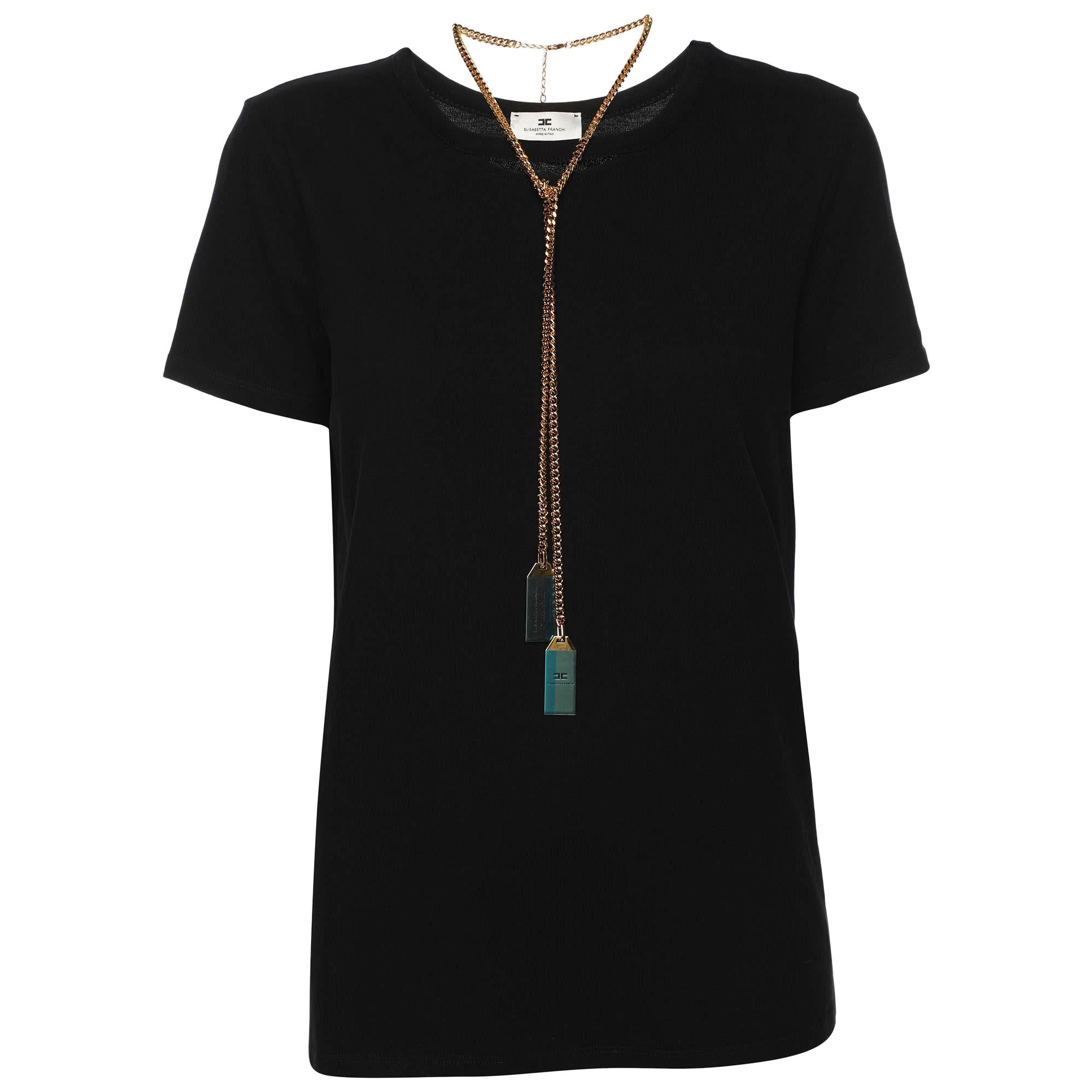 Elisabetta Franchi Schwarzes T-Shirt aus Baumwolle mit rundem Ausschnitt und Kette S im Angebot