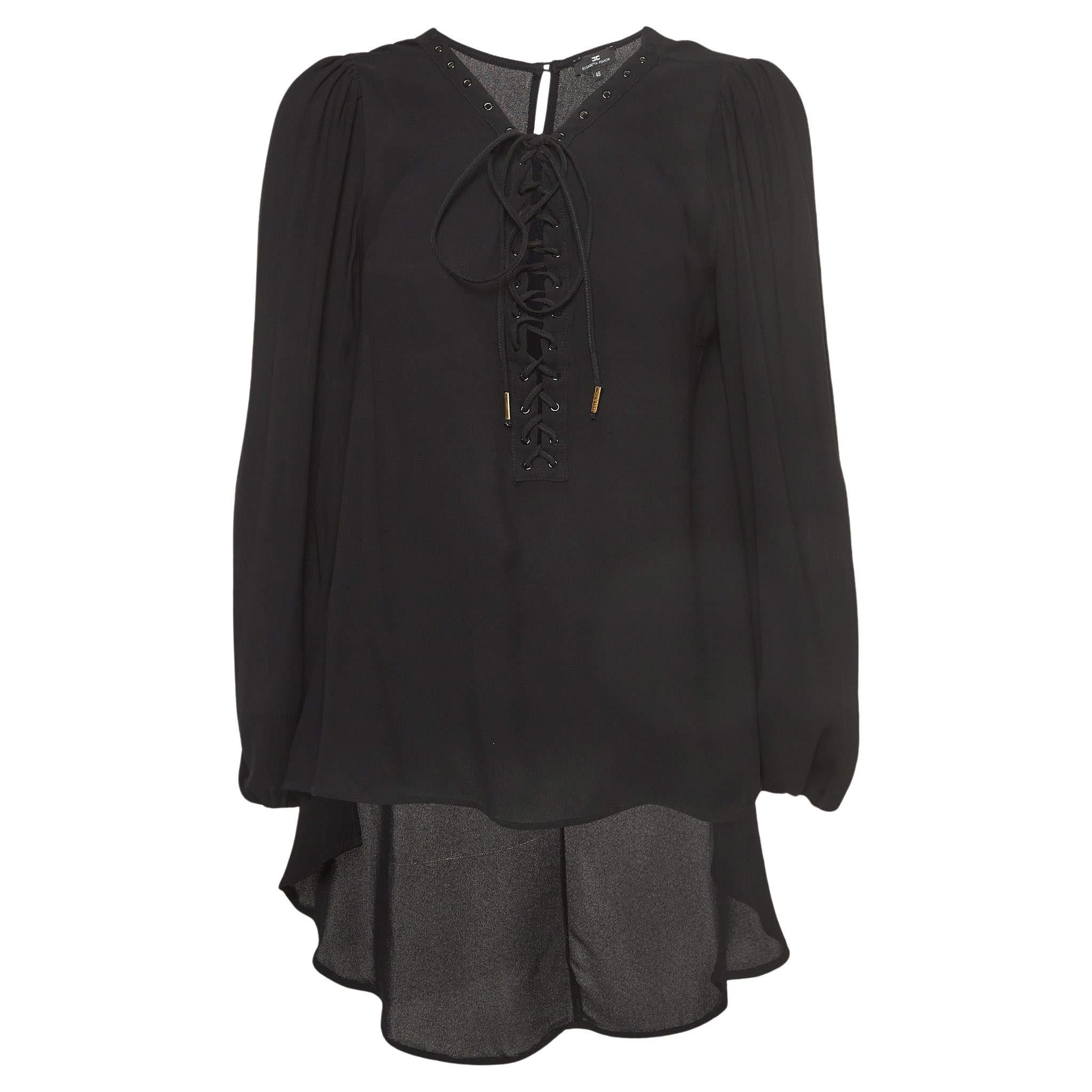 Elisabetta Franchi Black Crepe Lace-Up Neck Camicia Blouse L For Sale