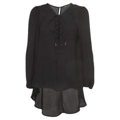Elisabetta Franchi Black Crepe Lace-Up Neck Camicia Blouse L