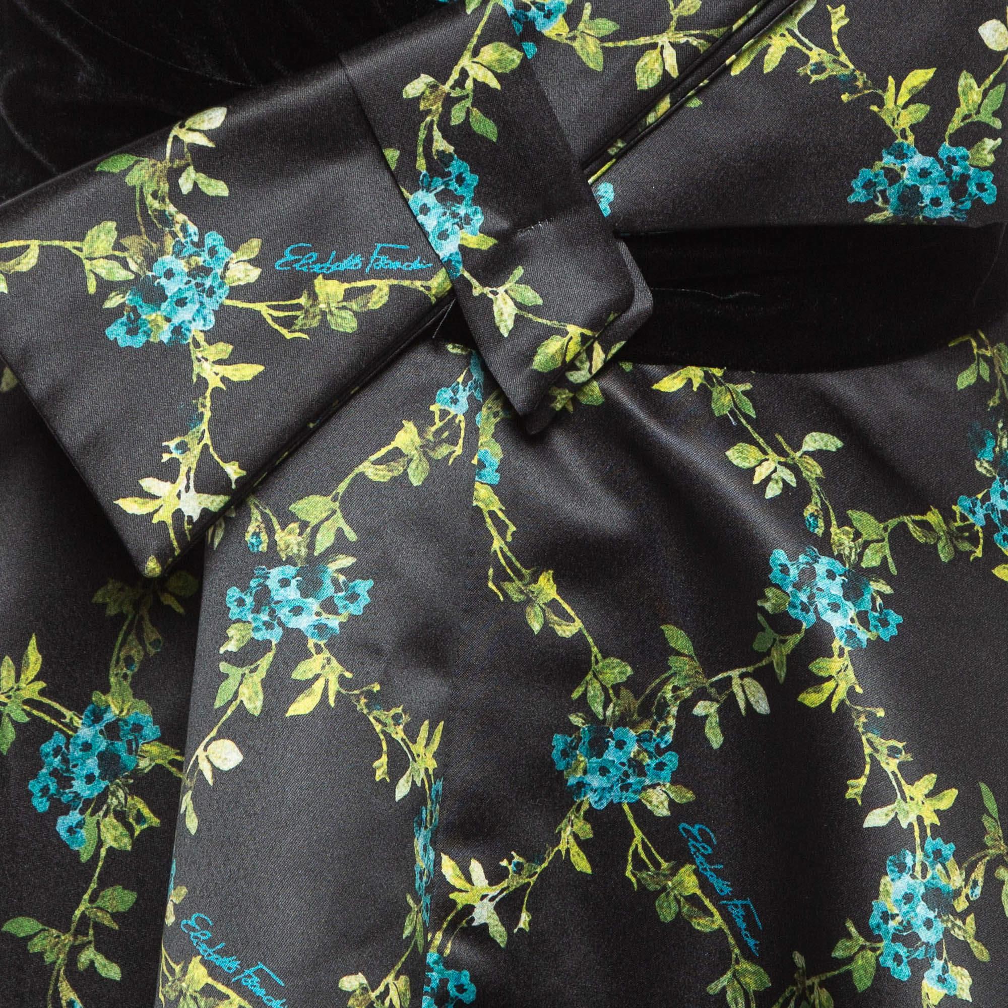 Elisabetta Franchi Black Floral Print Satin Fit and Flare Dress M In Excellent Condition For Sale In Dubai, Al Qouz 2