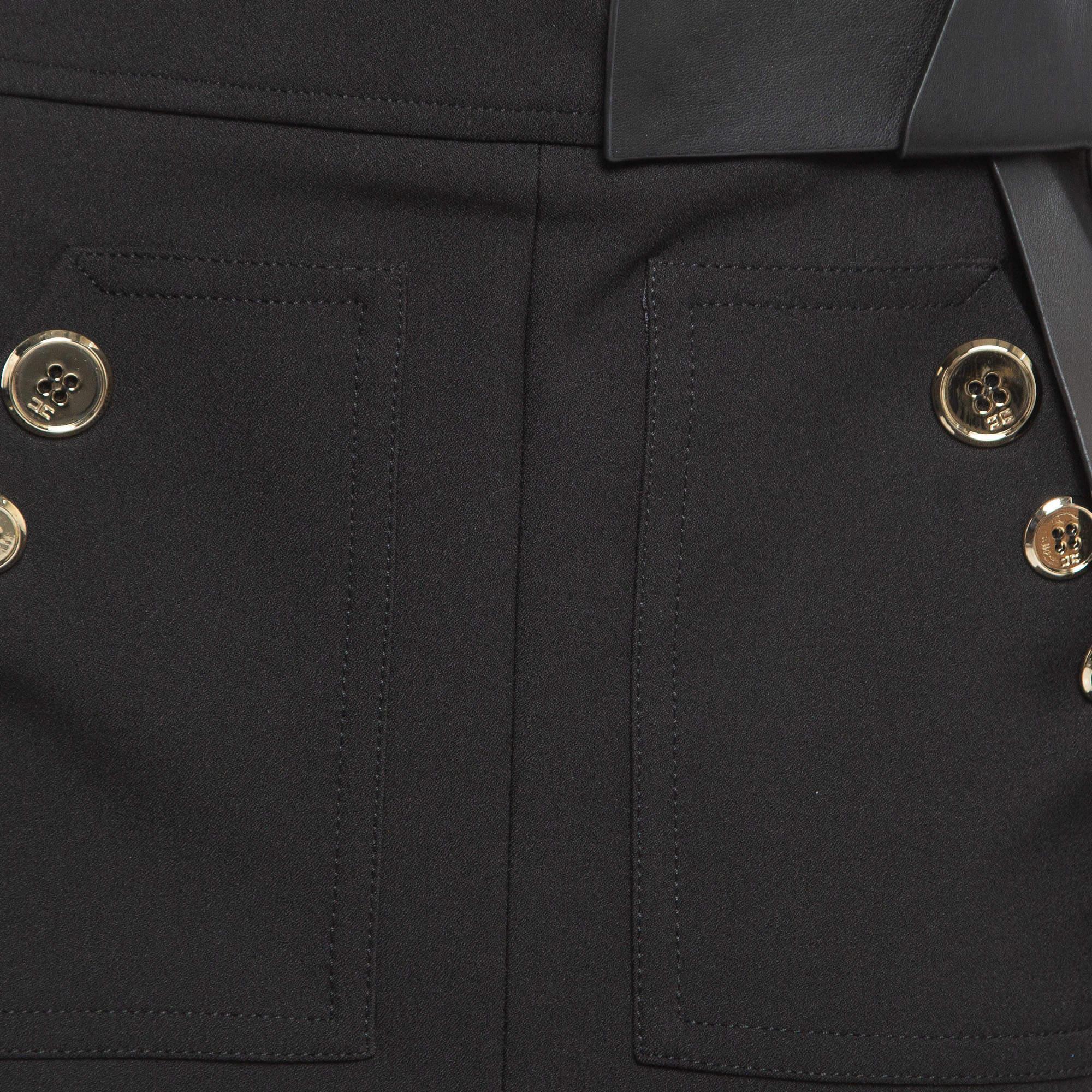 Elisabetta Franchi Black Leather Trim Stretch Crepe Button Detail Mini Skirt L In Excellent Condition In Dubai, Al Qouz 2