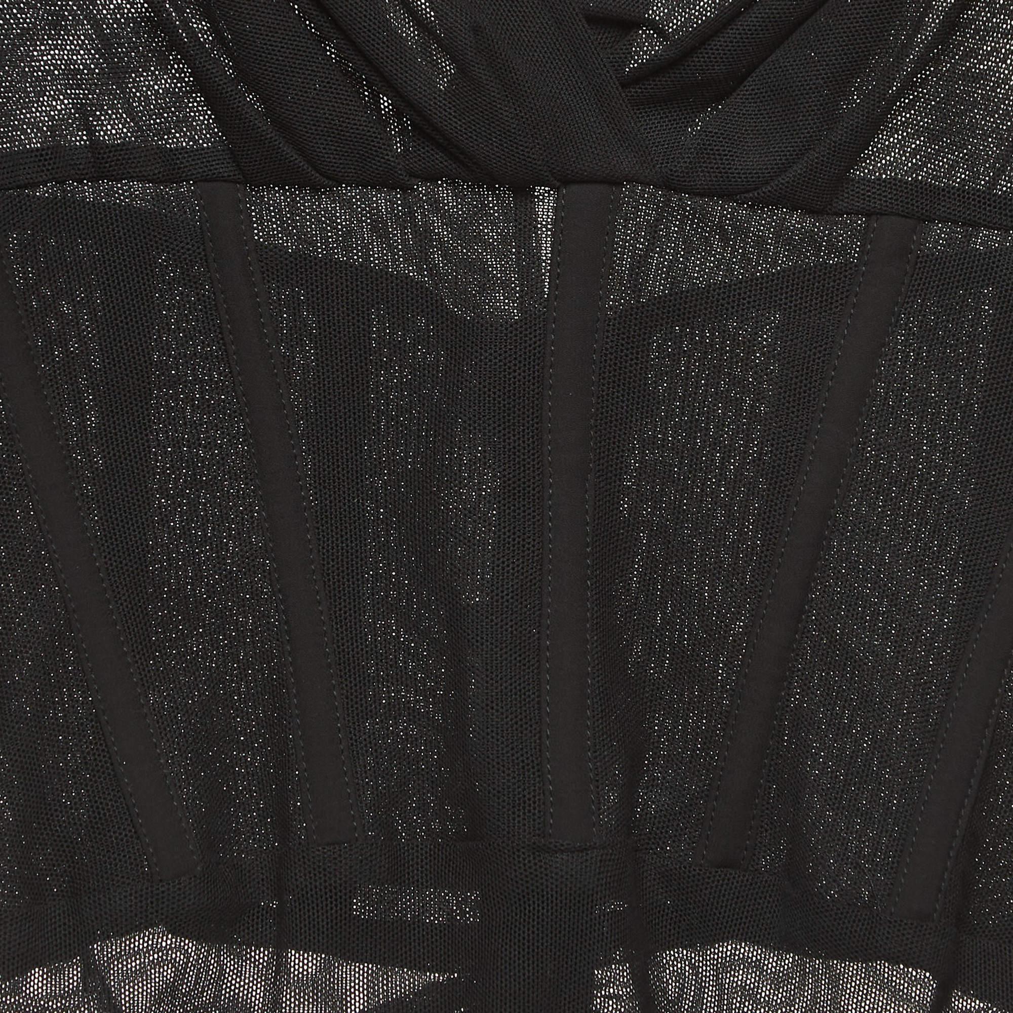 Elisabetta Franchi Black Ruched Mesh Midi Dress M In Good Condition For Sale In Dubai, Al Qouz 2