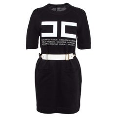 Elisabetta Franchi Black Textured Print Cotton Belted T-Shirt Dress M