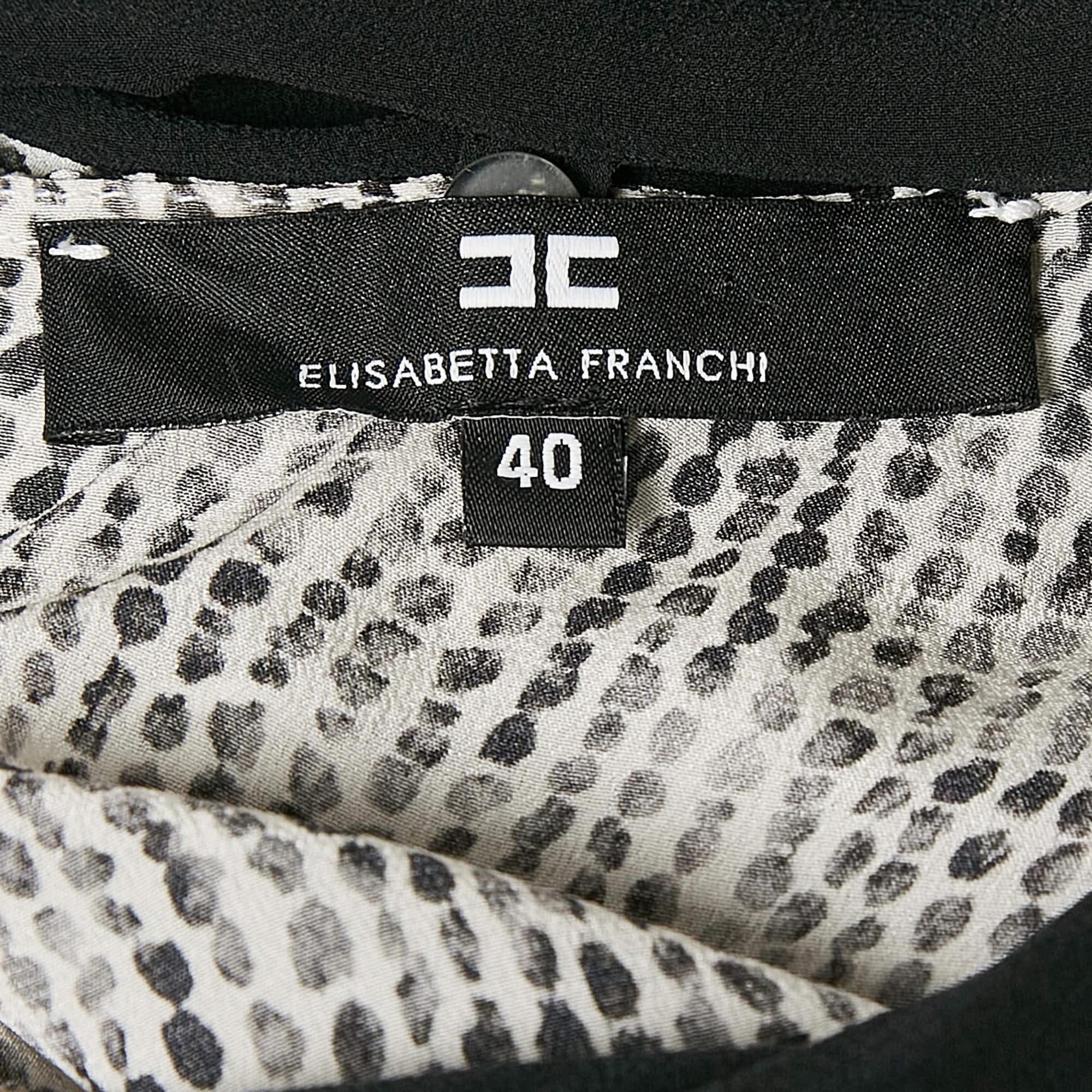 Elisabetta Franchi Black/White Printed Silk Bow Neck Top S In Good Condition For Sale In Dubai, Al Qouz 2
