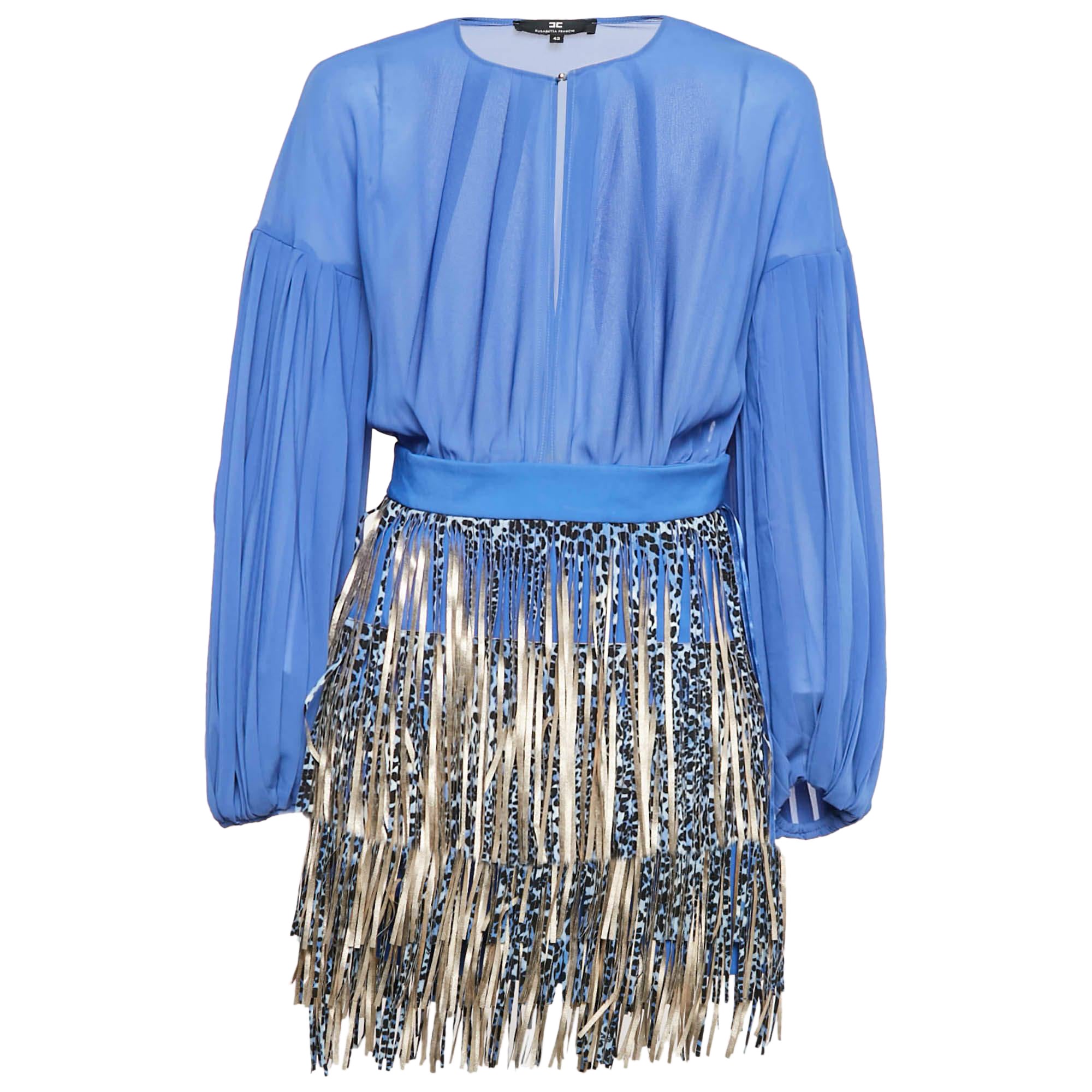 Elisabetta Franchi Blue Crepe Detachable Fringed Skirt Mini Dress M