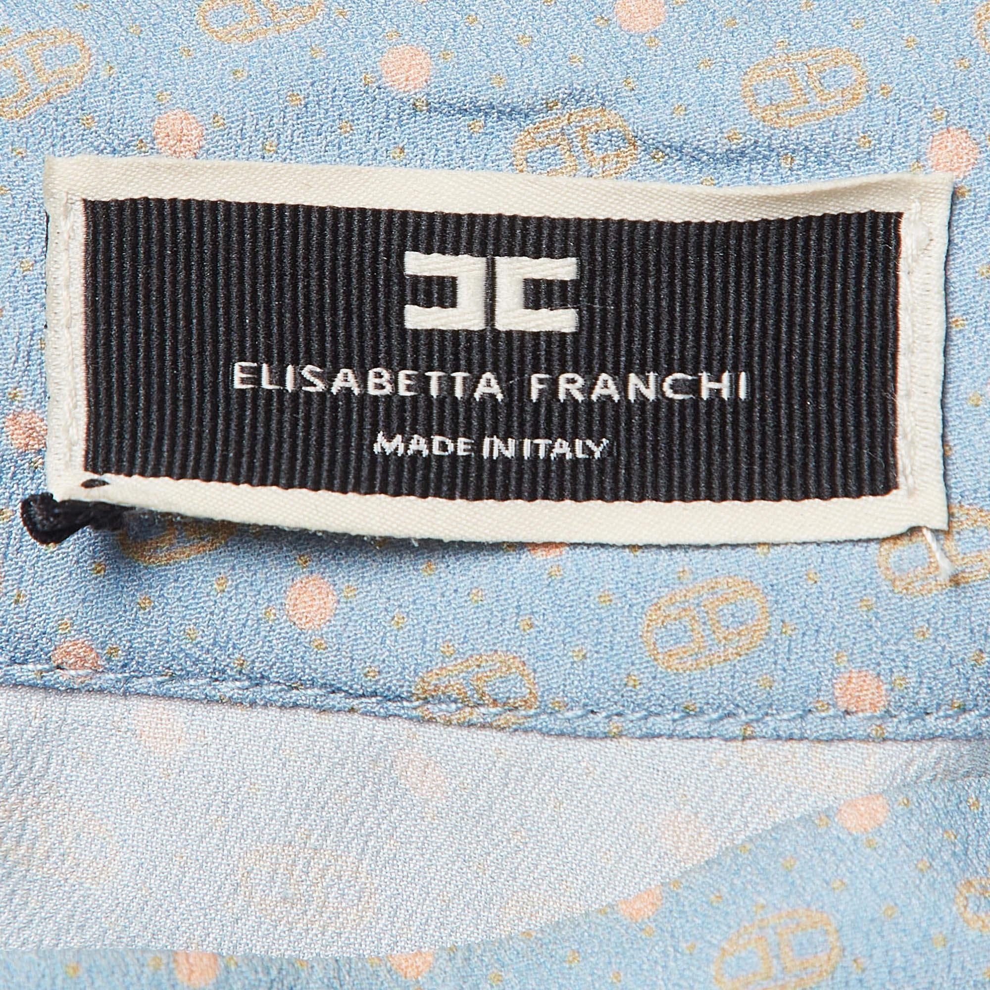 Elisabetta Franchi Blue Printed Crepe Tie Neck Blouse M For Sale 2