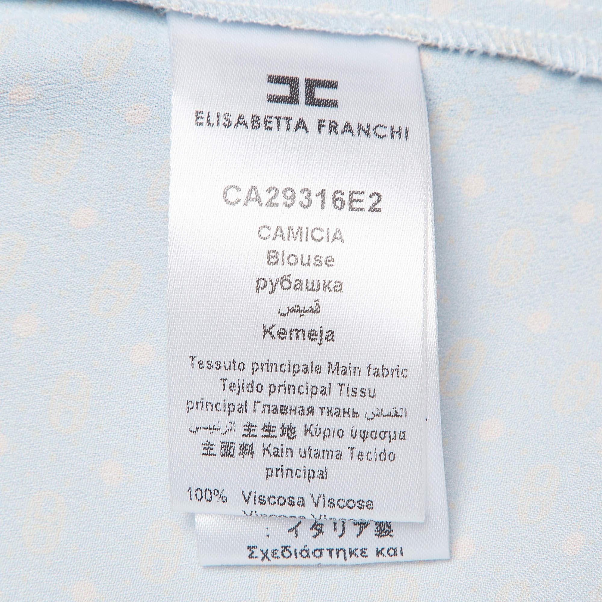 Elisabetta Franchi Blue Printed Crepe Tie Neck Blouse M For Sale 3