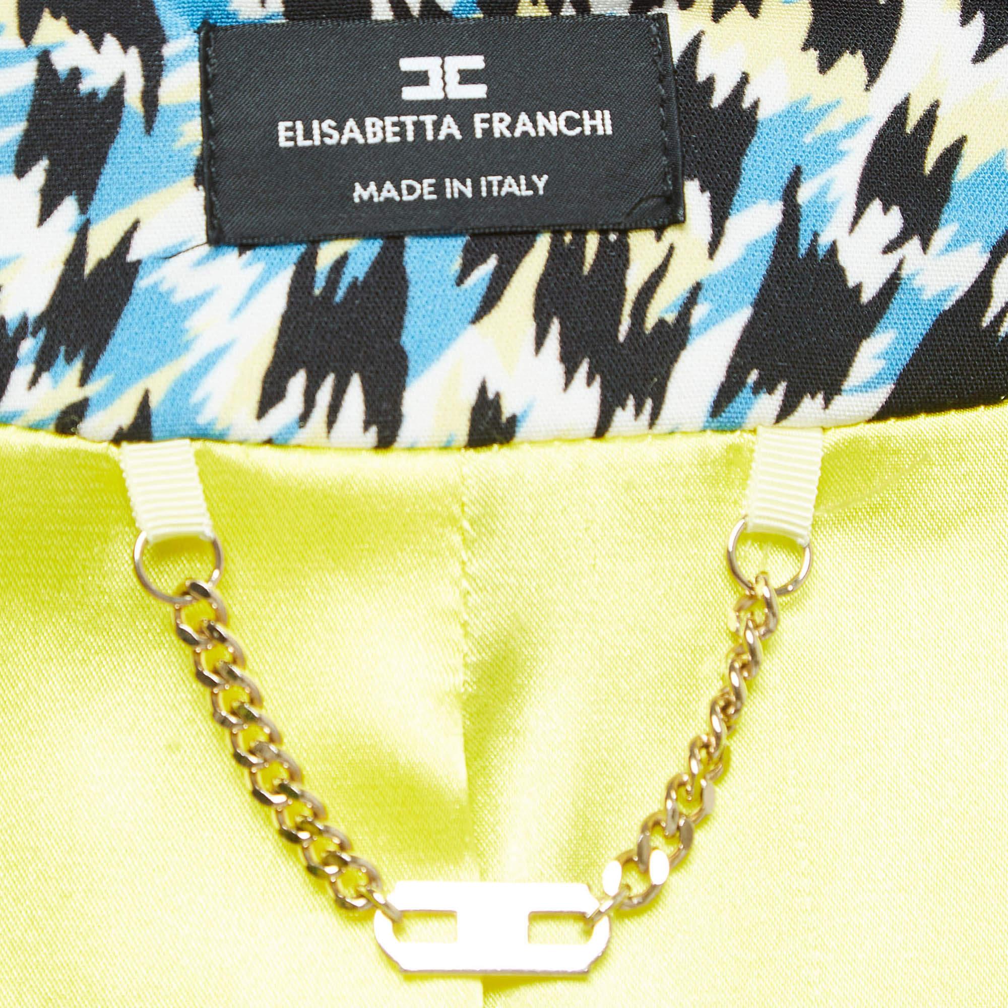 Elisabetta Franchi Blau bedruckte Jersey-Jacke mit Kapuzenärmeln und offener Vorderseite S im Angebot 2