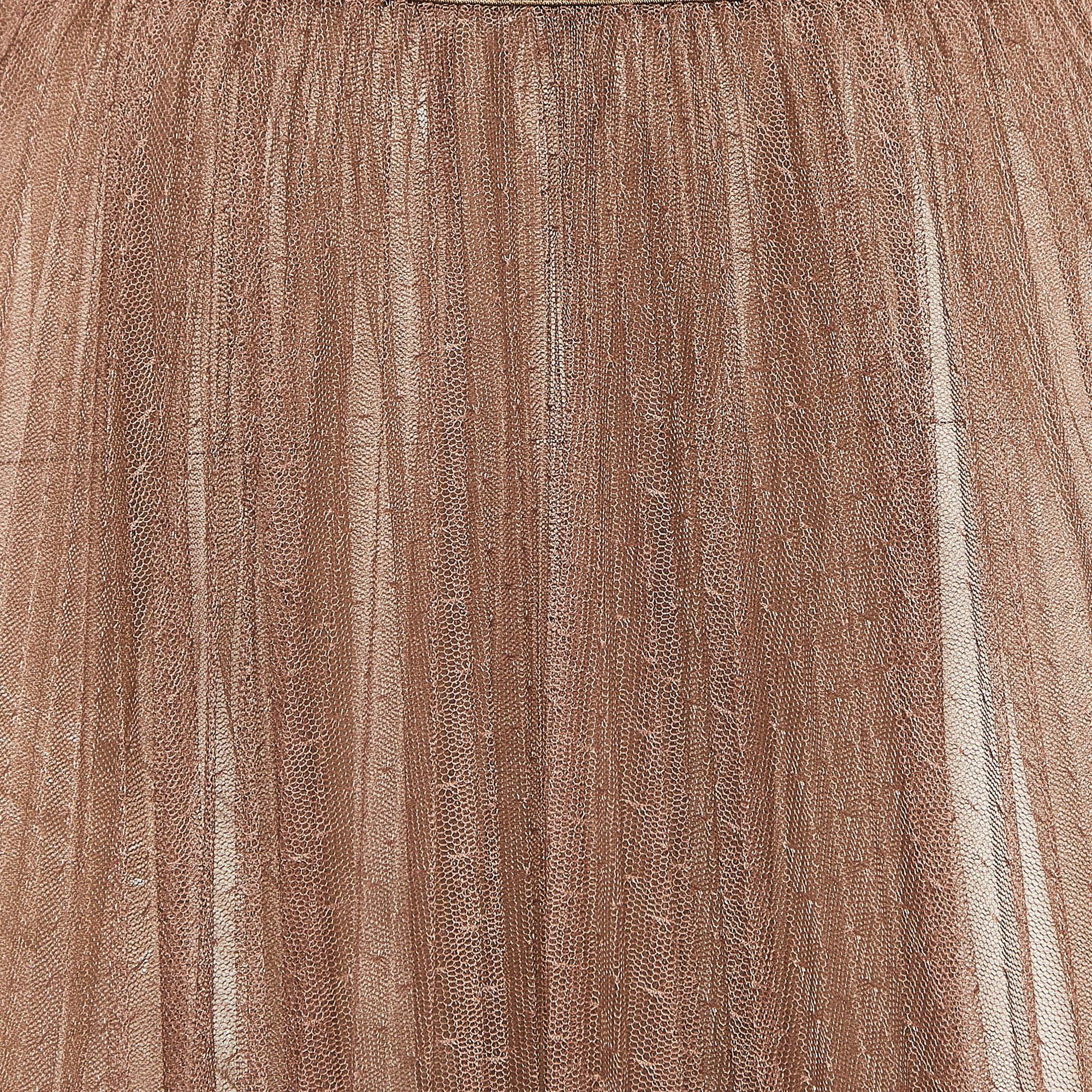 Elisabetta Franchi Brown Tulle Pleated Midi Skirt S In Good Condition For Sale In Dubai, Al Qouz 2