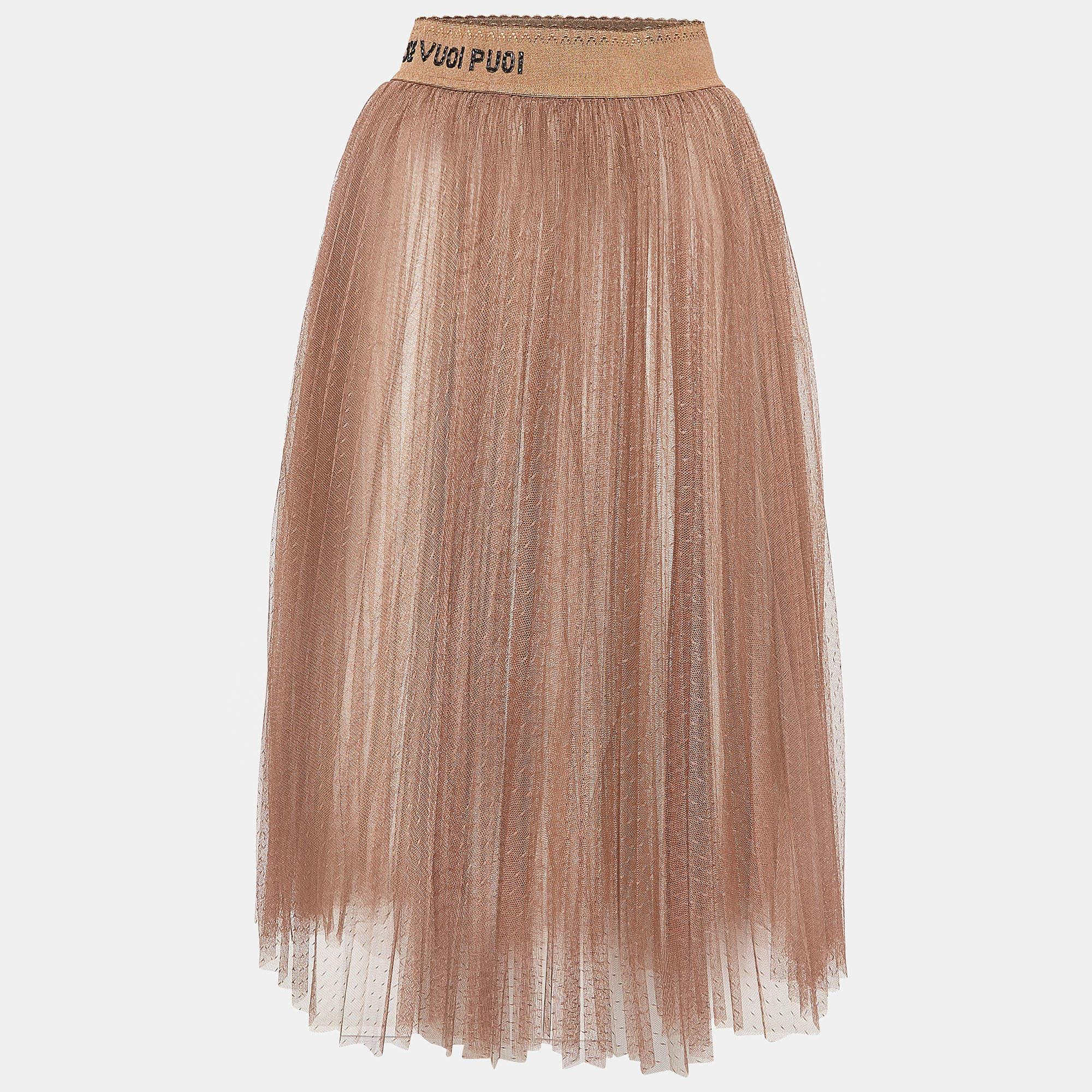 Women's Elisabetta Franchi Brown Tulle Pleated Midi Skirt S For Sale