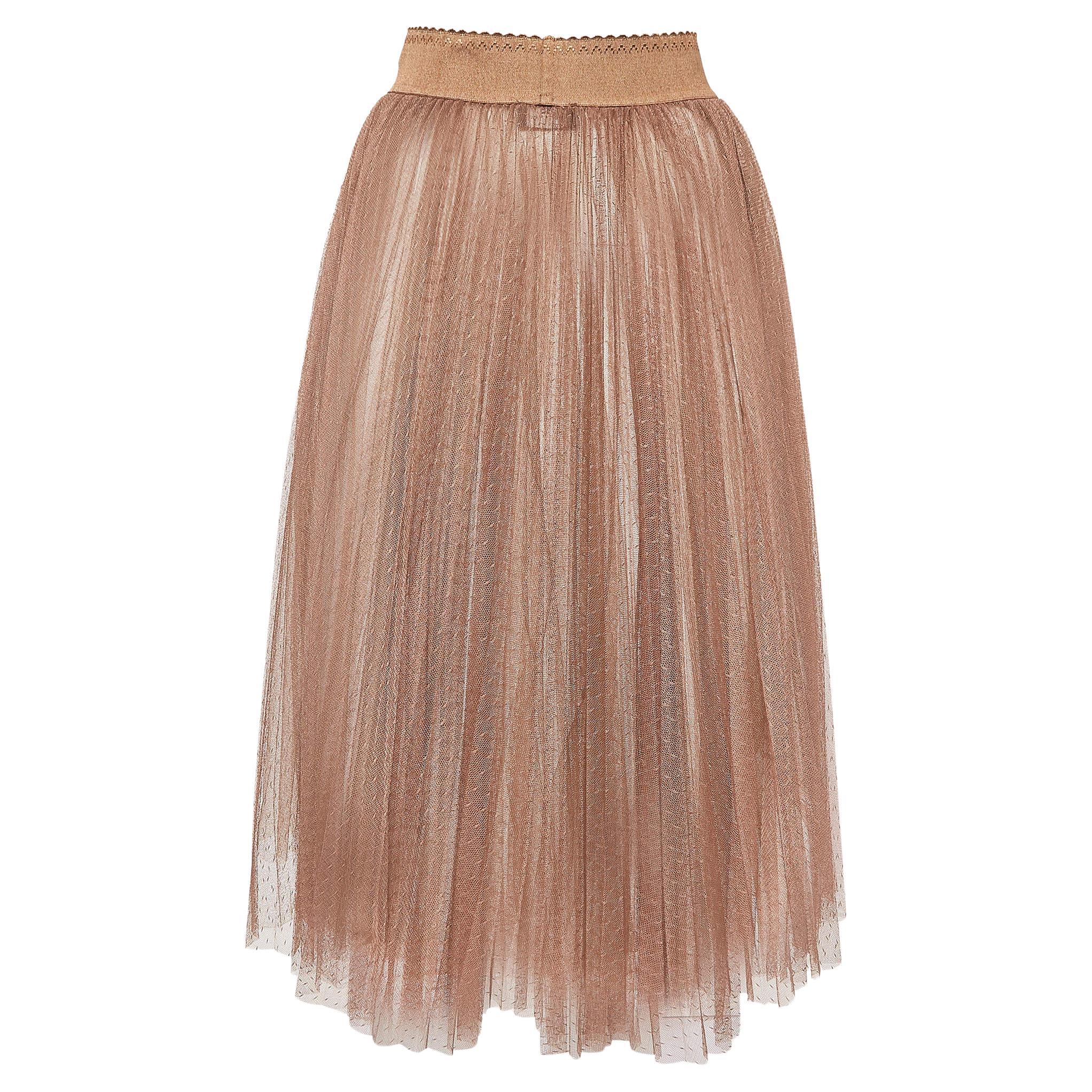 Elisabetta Franchi Brown Tulle Pleated Midi Skirt S For Sale