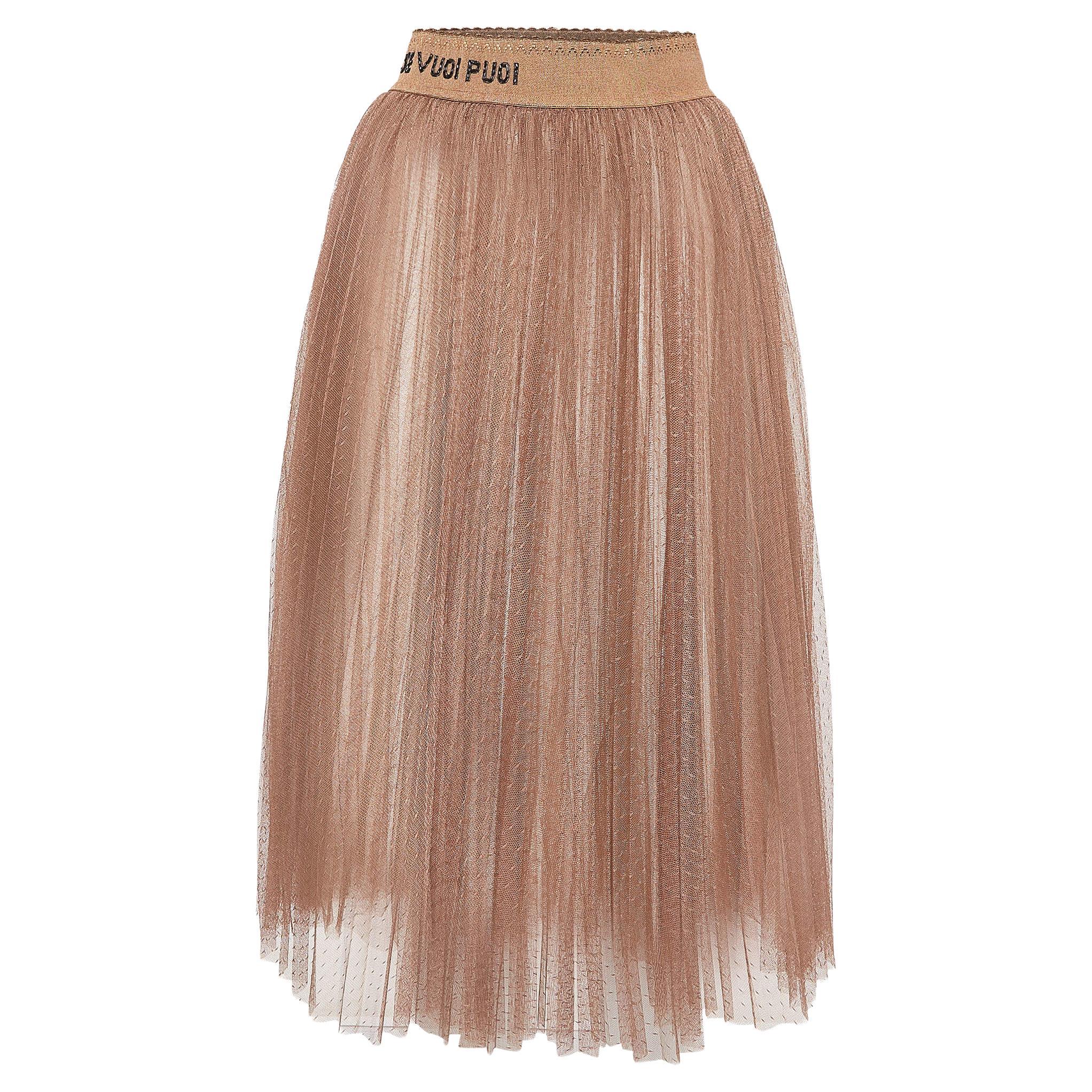 Elisabetta Franchi Brown Tulle Pleated Midi Skirt S For Sale