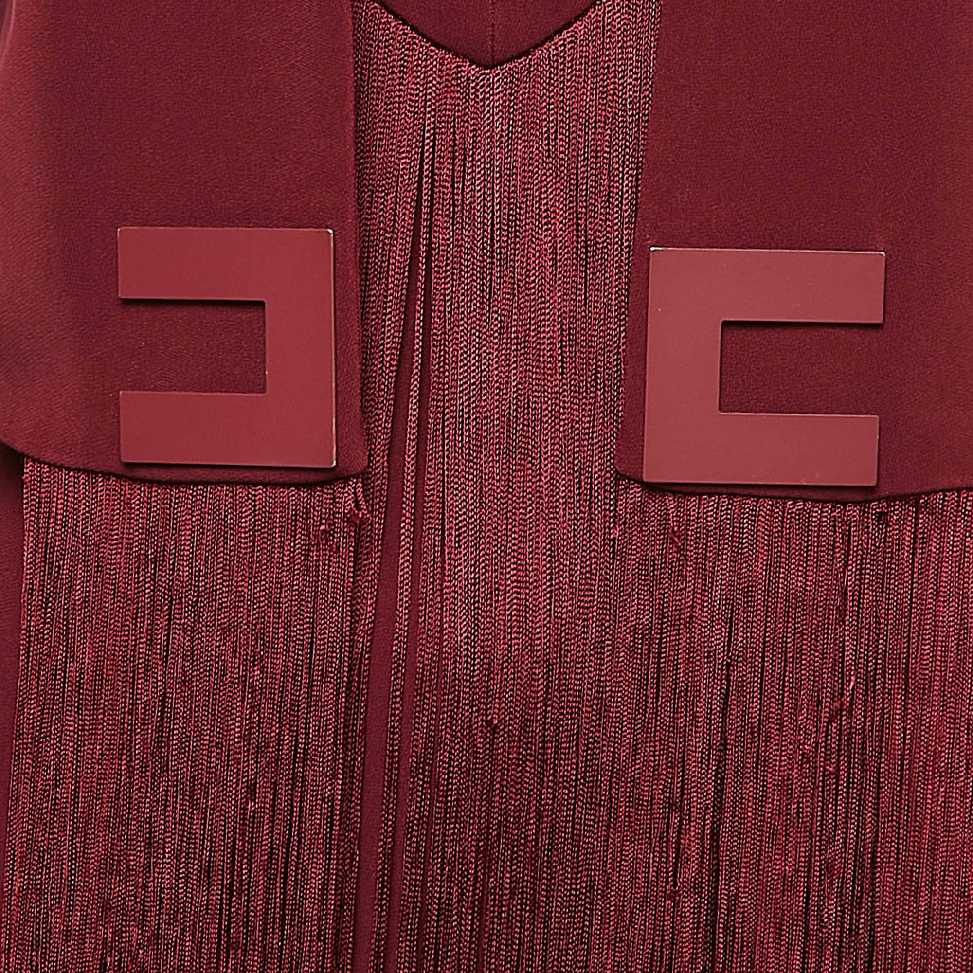 Brown Elisabetta Franchi Burgundy Fringed Crepe Mini Dress S For Sale