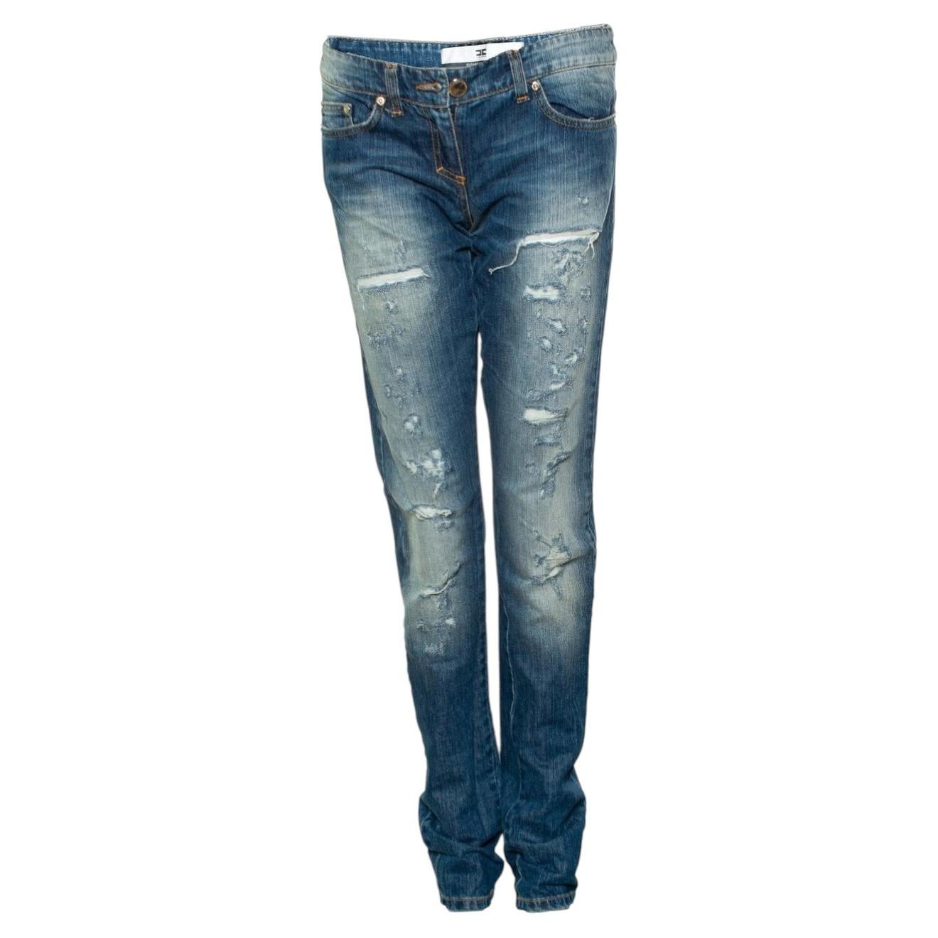 Elisabetta franchi, distressed jeans in blue For Sale
