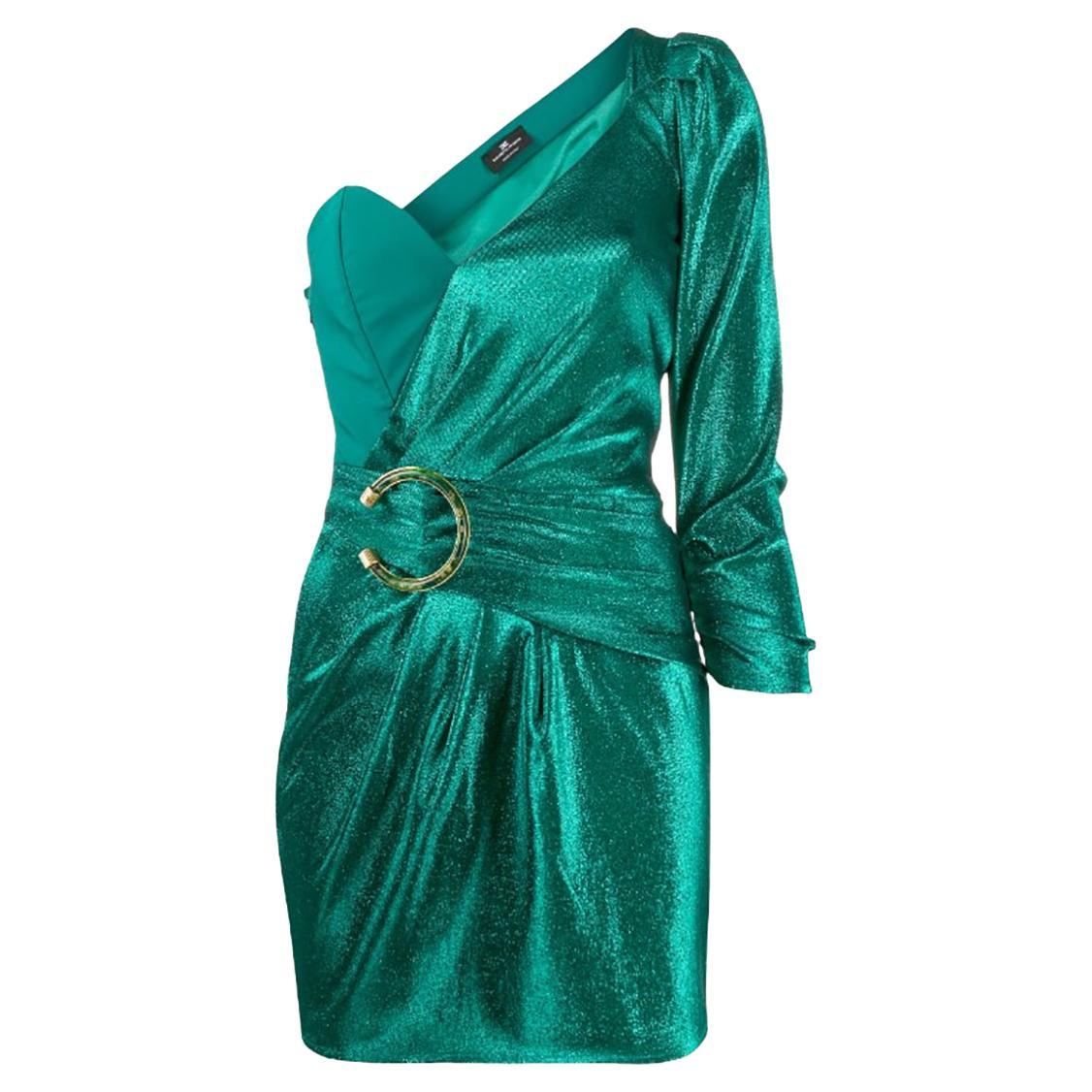 ELISABETTA FRANCHI EMERALD GREEN ONE SHOULDER MINI DRESS Sz IT 40