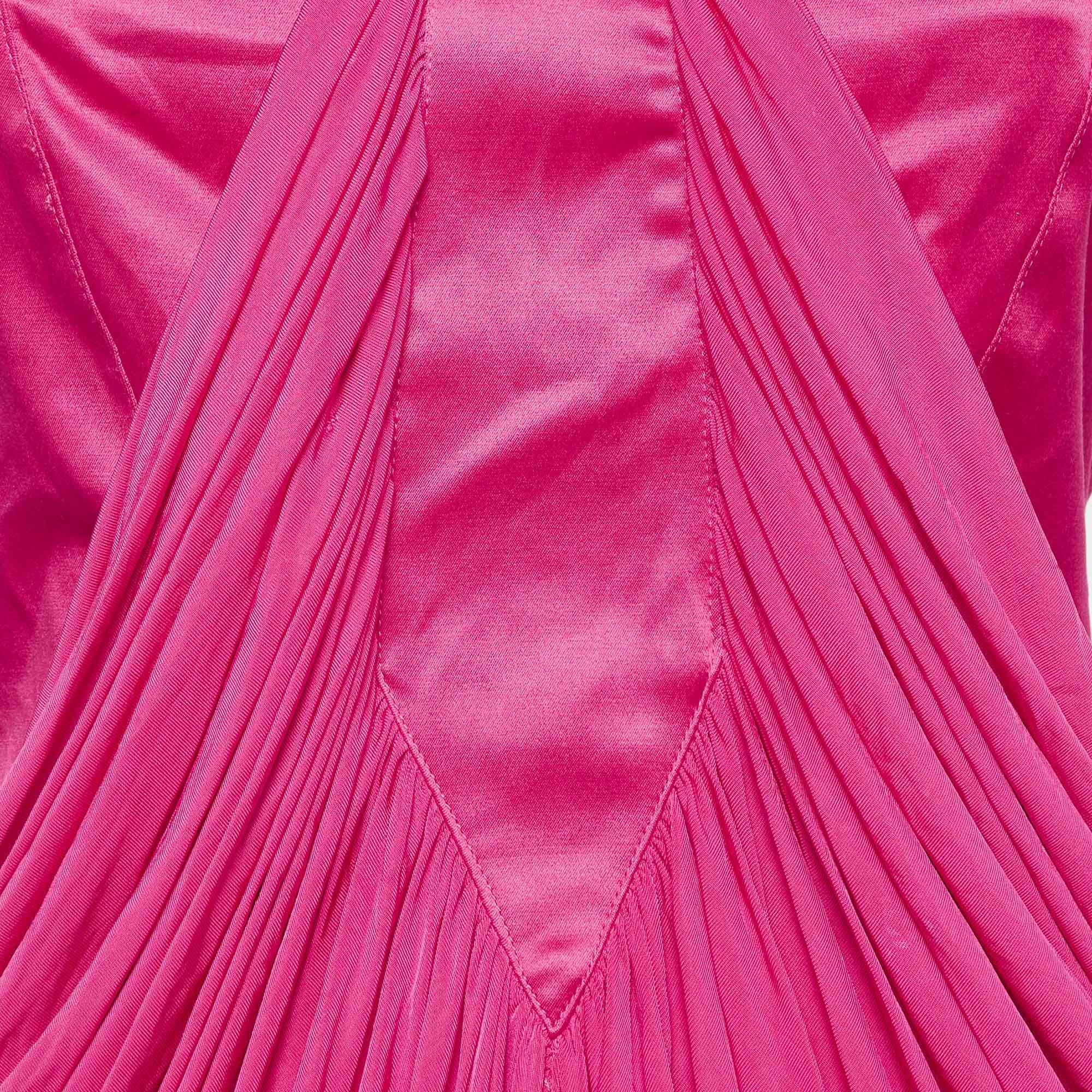 Elisabetta Franchi Fuchsia Pink Stretch Crepe Metal Detail Gathered Top M In Good Condition For Sale In Dubai, Al Qouz 2