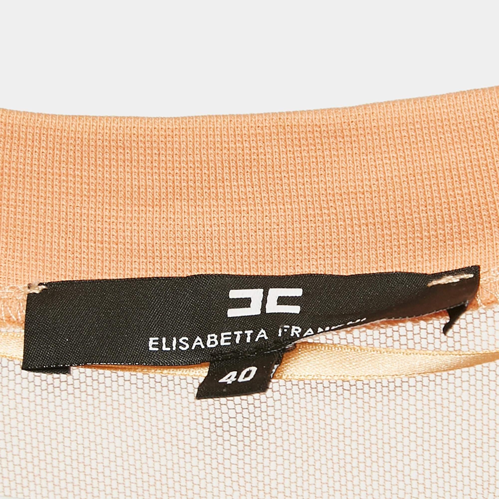 Elisabetta Franchi Hellorange  Logo-Plakette Tüllbesatz Jersey Top S im Zustand „Relativ gut“ im Angebot in Dubai, Al Qouz 2