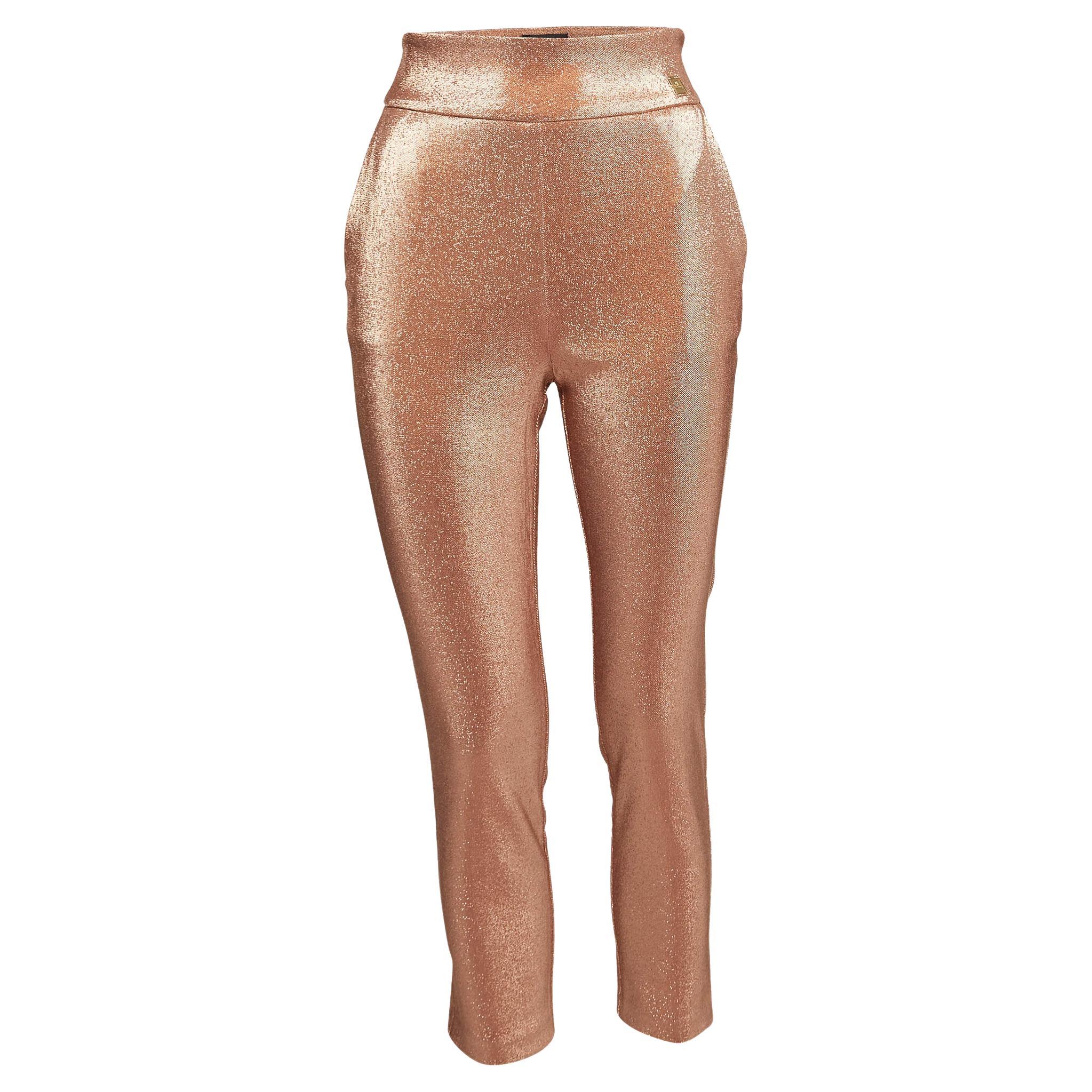 Elisabetta Franchi Metallic Rose Gold Lurex High Rise Cropped Trousers S For Sale