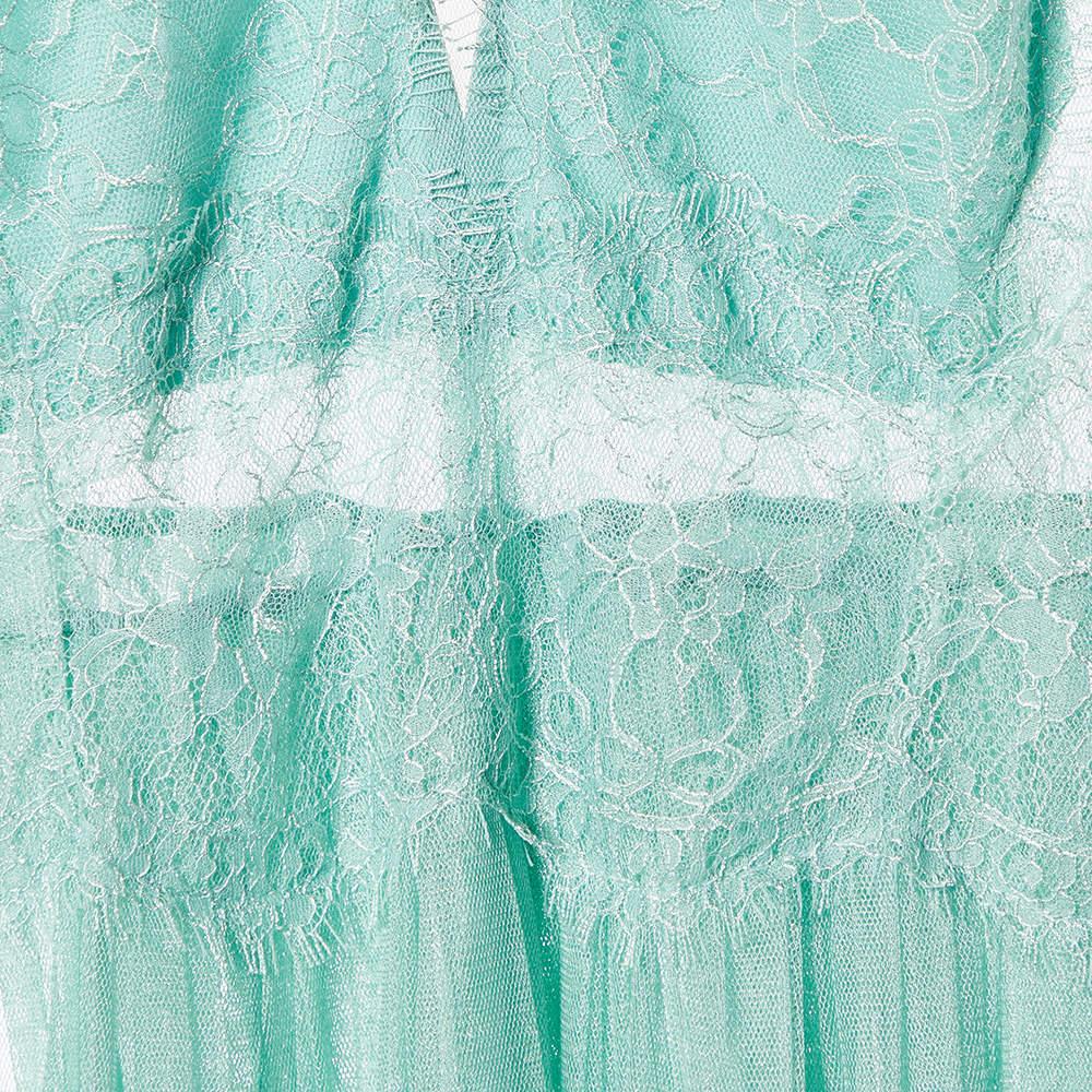 Elisabetta Franchi Mint Green Lace & Tulle Sleeveless Gown L In New Condition For Sale In Dubai, Al Qouz 2