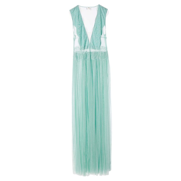 Elisabetta Franchi Mint Green Lace and Tulle Sleeveless Gown L For Sale at  1stDibs