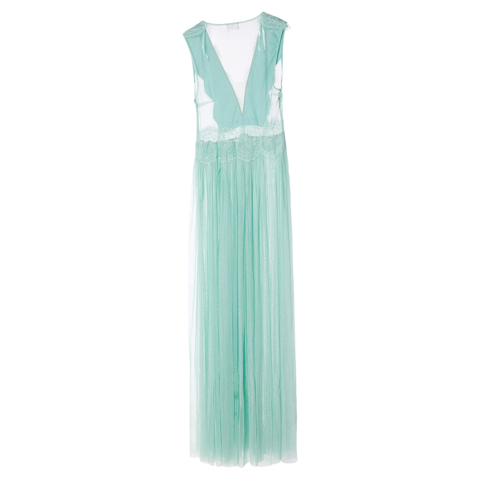 Elisabetta Franchi Mint Green Lace & Tulle Sleeveless Gown L For Sale