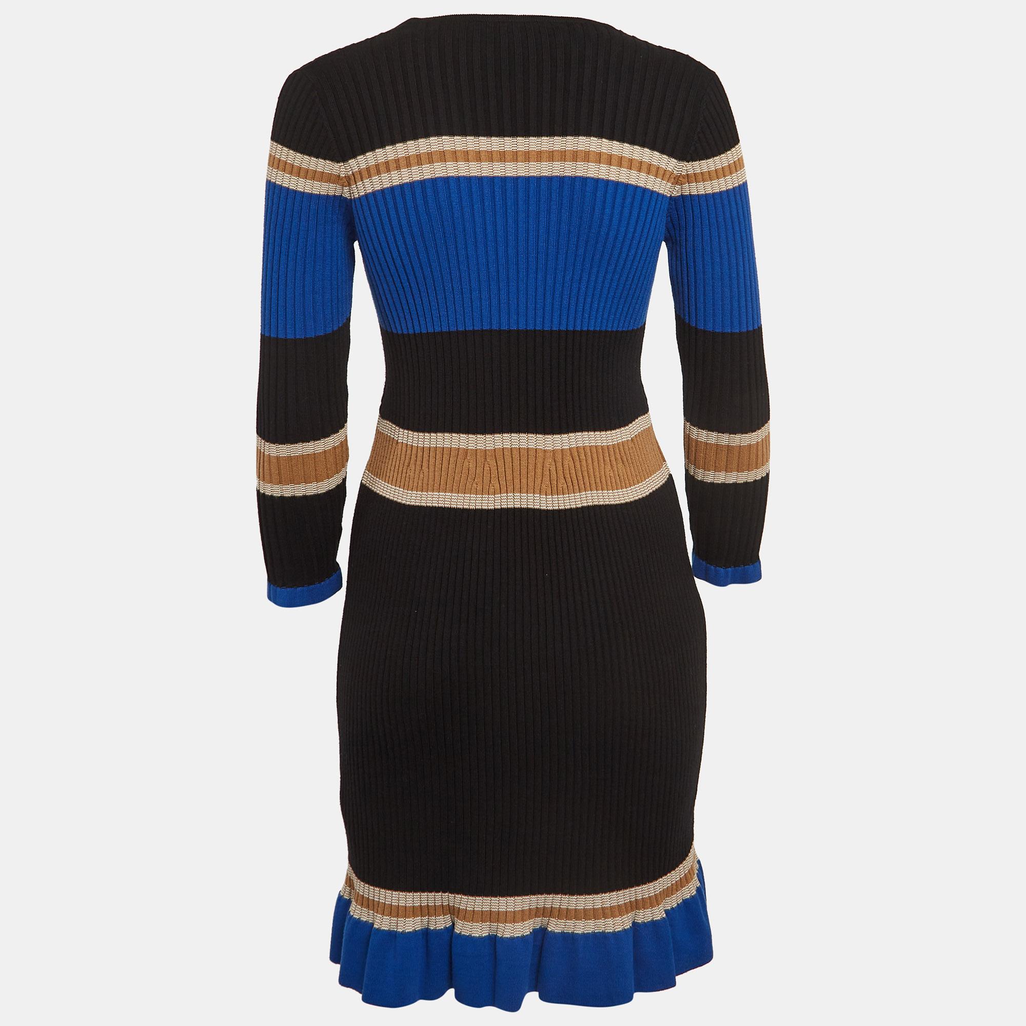 Elisabetta Franchi Multicolor Striped Rib Knit Long Sleeve Midi Dress M  