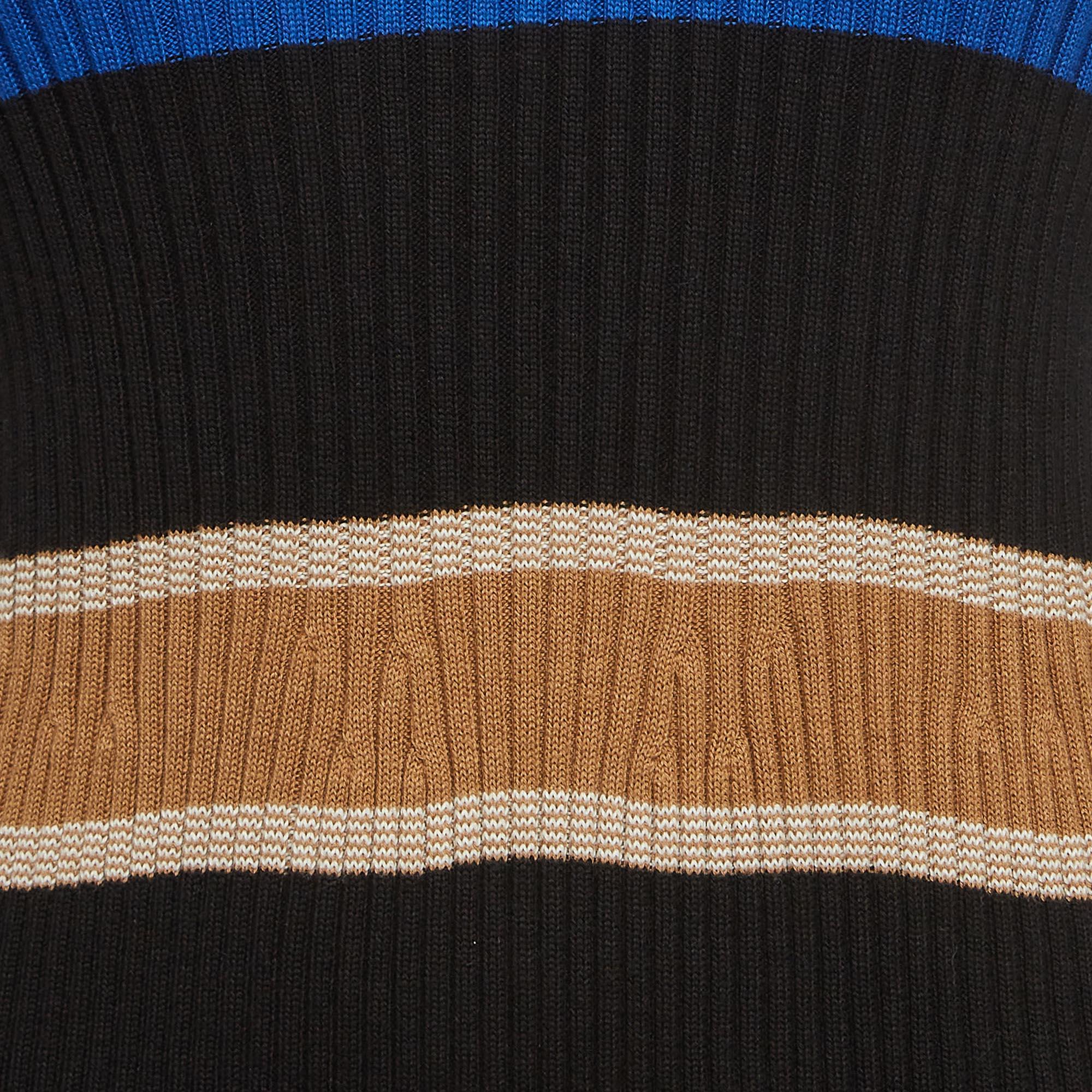 Black Elisabetta Franchi Multicolor Striped Rib Knit Long Sleeve Midi Dress M For Sale