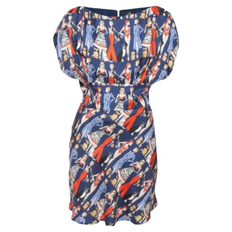 Elisabetta Franchi Marineblaues bedrucktes Seidenminikleid M