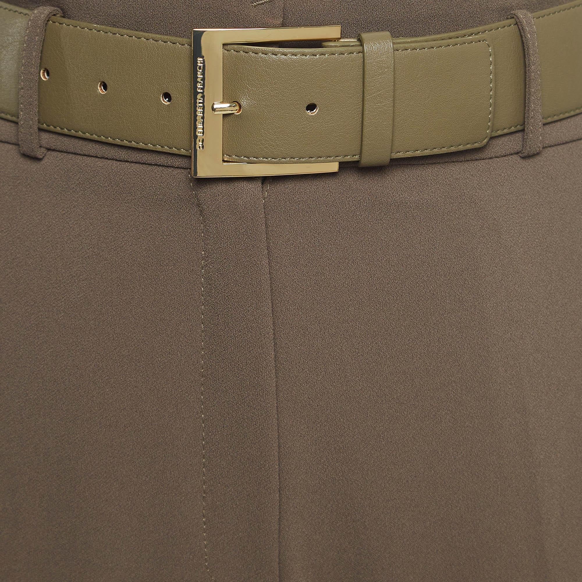 Brown Elisabetta Franchi Olive Green Crepe Belted Slim Fit Trousers S For Sale