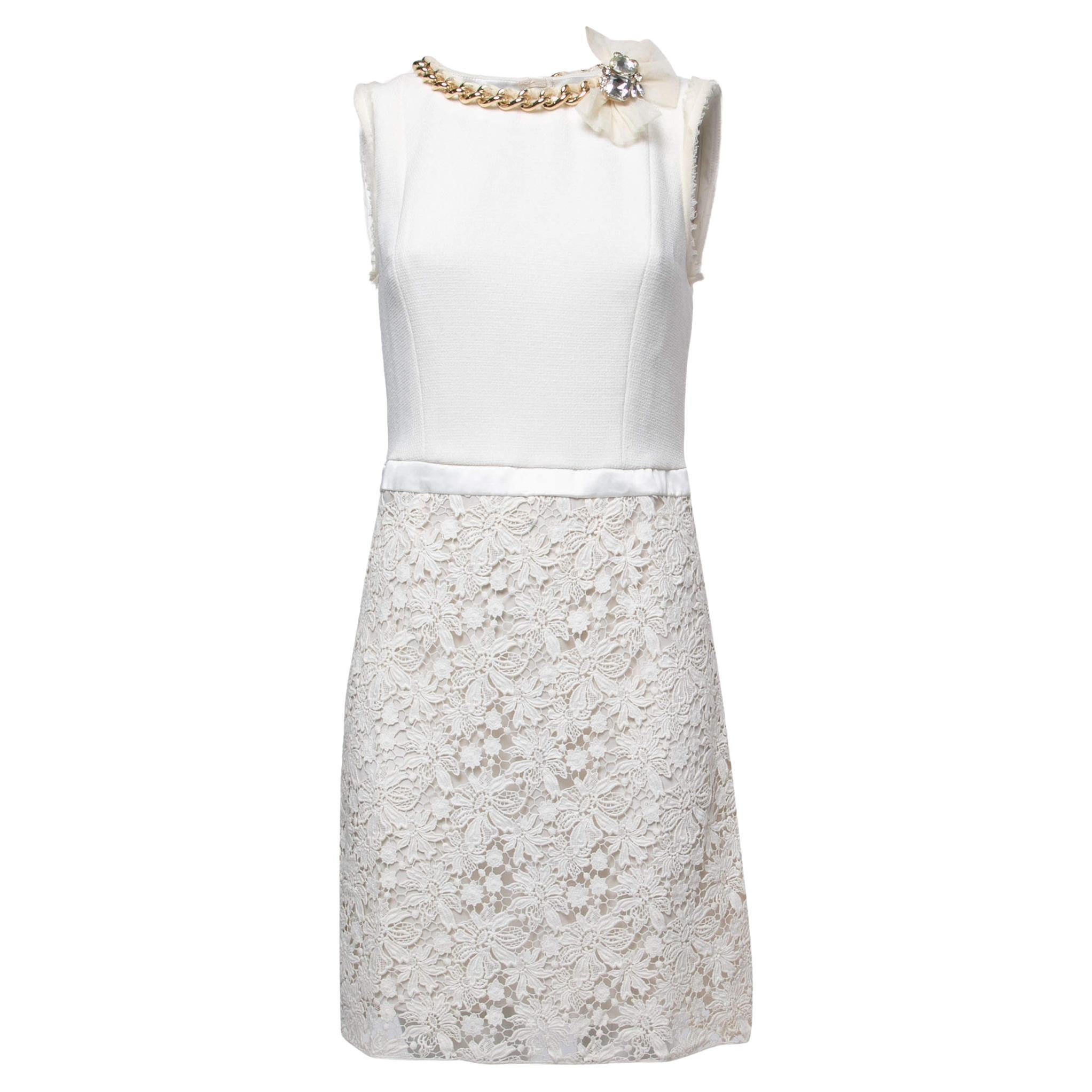 Elisabetta Franchi White Floral Lace Chain Detail Mini Dress XL For Sale