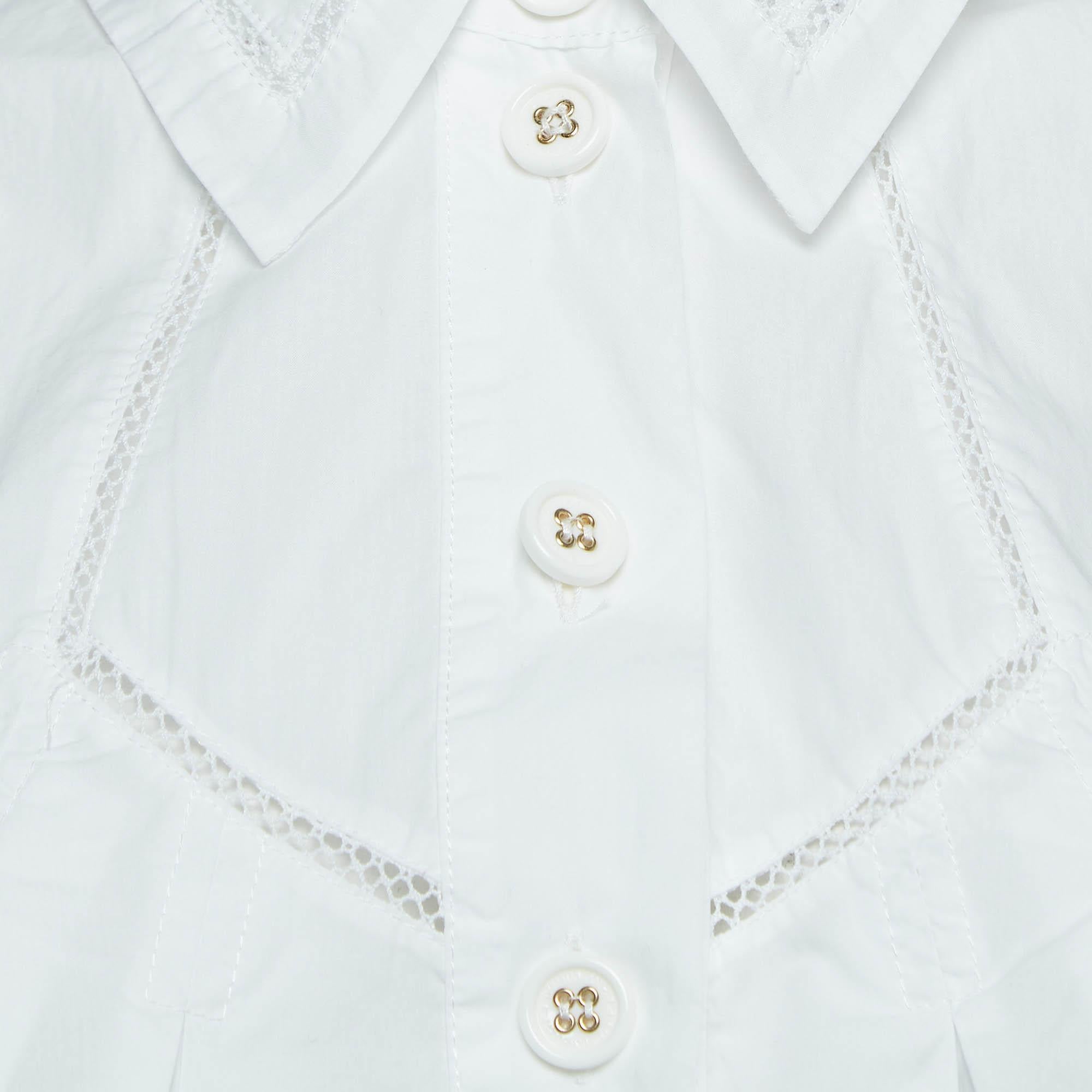 Gray Elisabetta Franchi White Lace Trimmed Cotton Pleated Crop Shirt S