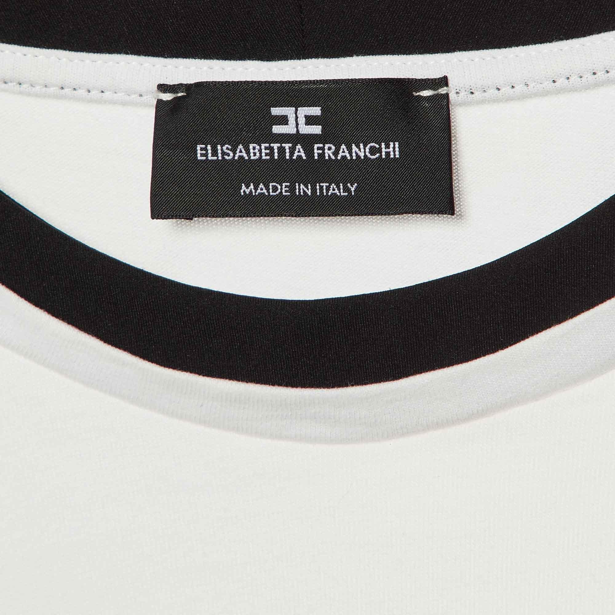 Elisabetta Franchi Camiseta blanca de algodón estampada con cuello redondo L en Excelente estado para la venta en Dubai, Al Qouz 2