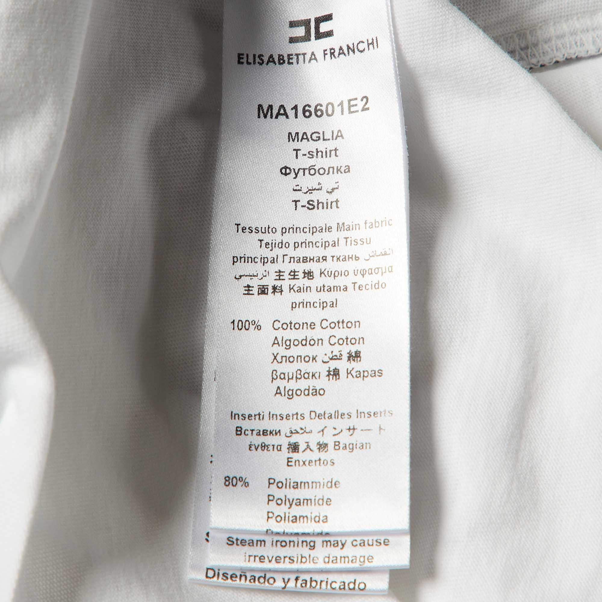 Elisabetta Franchi Camiseta blanca de algodón estampada con cuello redondo L en venta 1