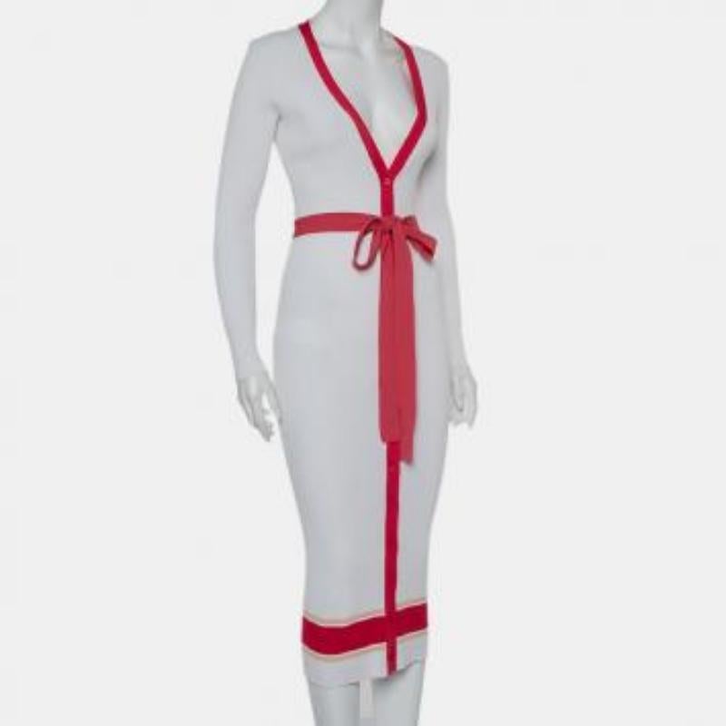 Elisabetta Franchi White Rib Knit Contrast Detail Belted Button Front Dress M For Sale 5