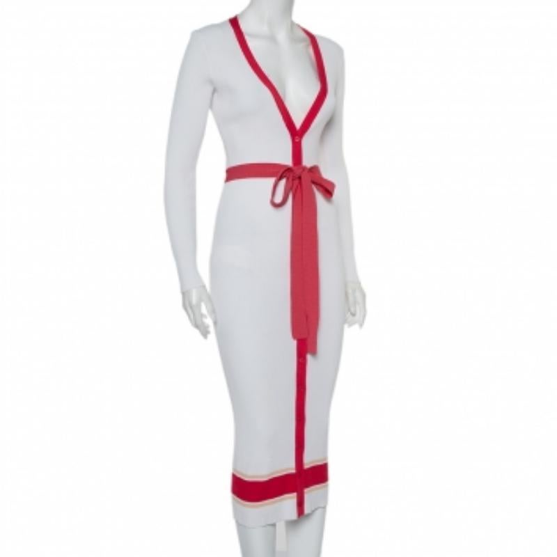 Gray Elisabetta Franchi White Rib Knit Contrast Detail Belted Button Front Dress M For Sale