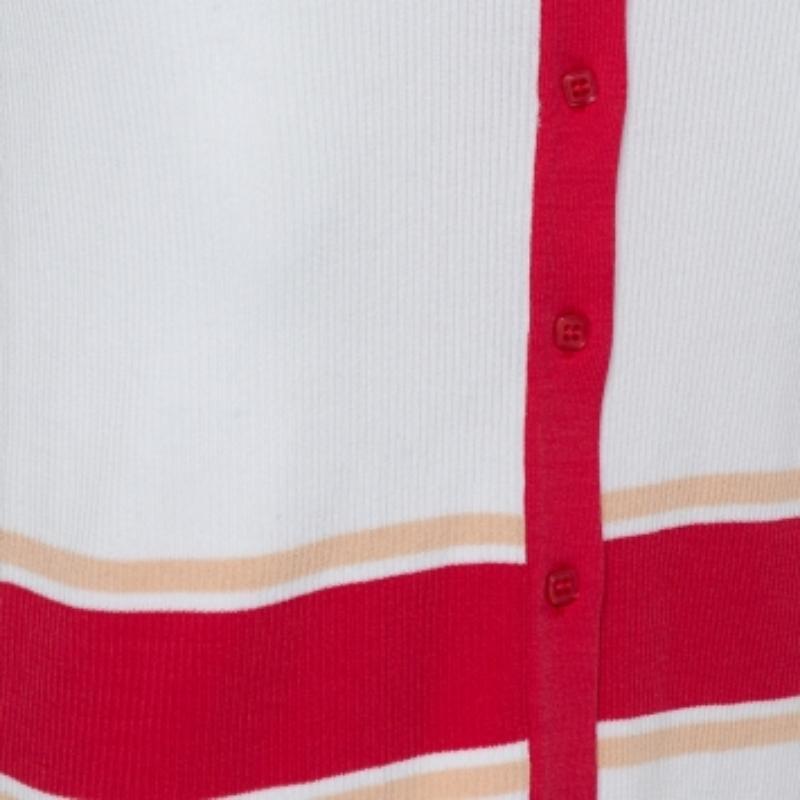 Elisabetta Franchi White Rib Knit Contrast Detail Belted Button Front Dress M In Good Condition For Sale In Dubai, Al Qouz 2