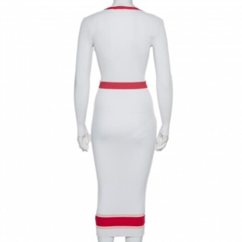 Women's Elisabetta Franchi White Rib Knit Contrast Detail Belted Button Front Dress M For Sale