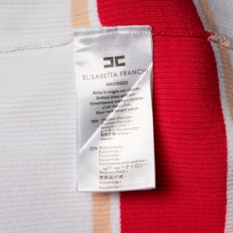 Elisabetta Franchi White Rib Knit Contrast Detail Belted Button Front Dress M For Sale 2