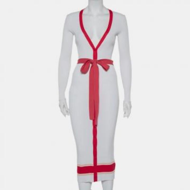 Elisabetta Franchi White Rib Knit Contrast Detail Belted Button Front Dress M For Sale 4