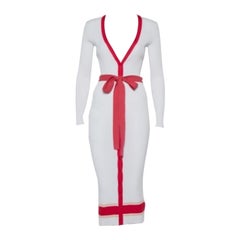 Elisabetta Franchi White Rib Knit Contrast Detail Belted Button Front Dress M